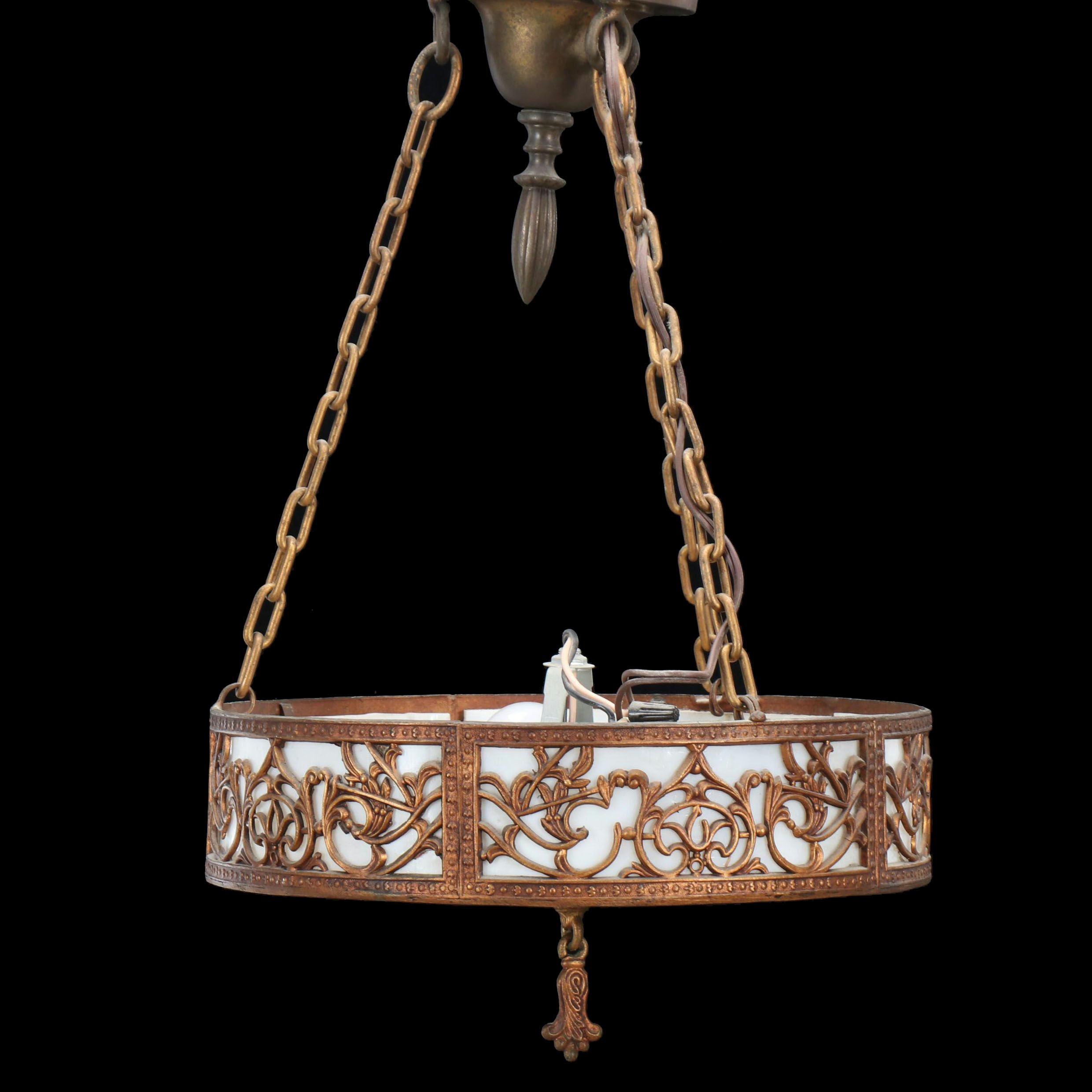 Victorian Gilt Spelter Overlay and Slag Glass Plaffonier Pendant Light, 20th C