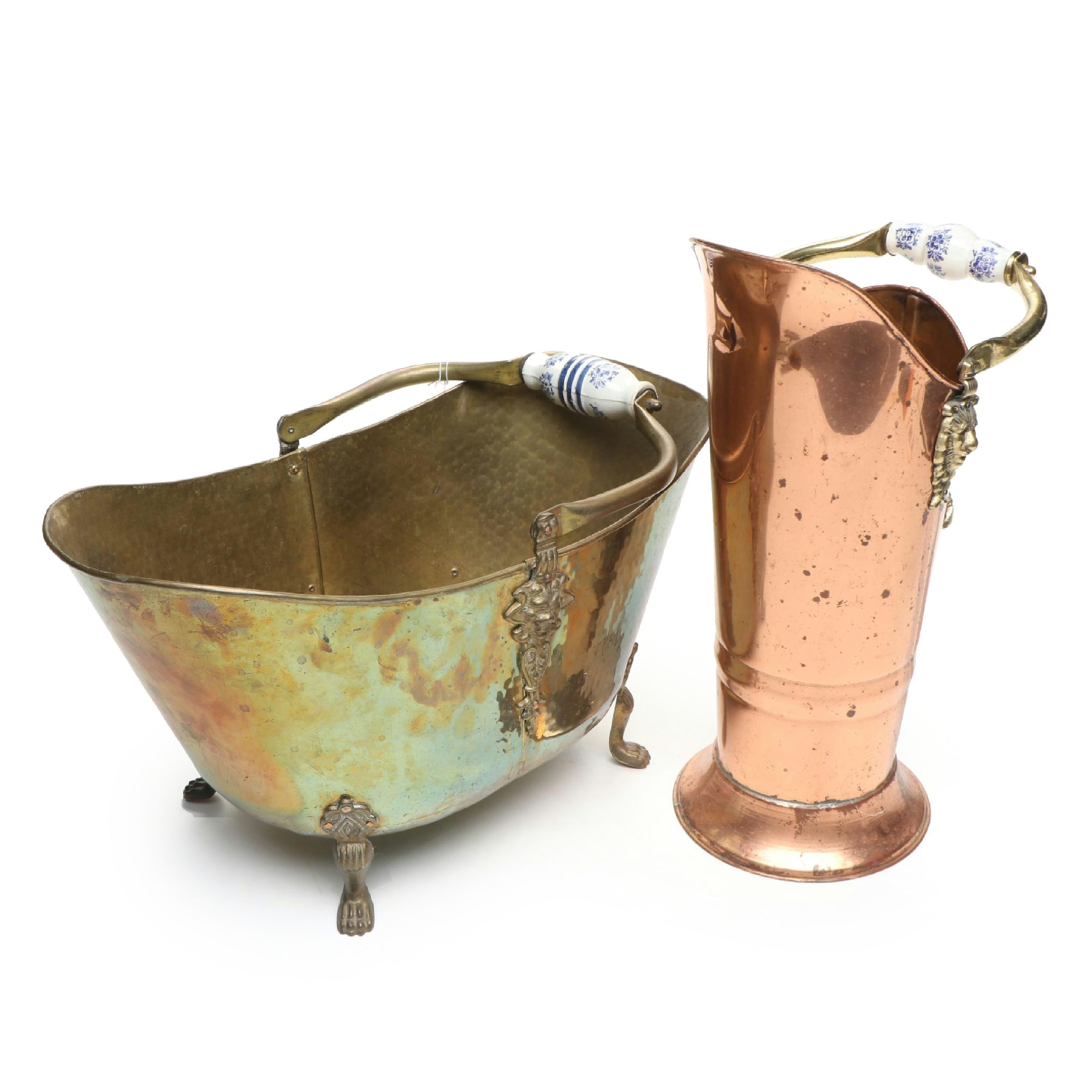 Porcelain Handled Brass and Copper Fireplace Scuttles