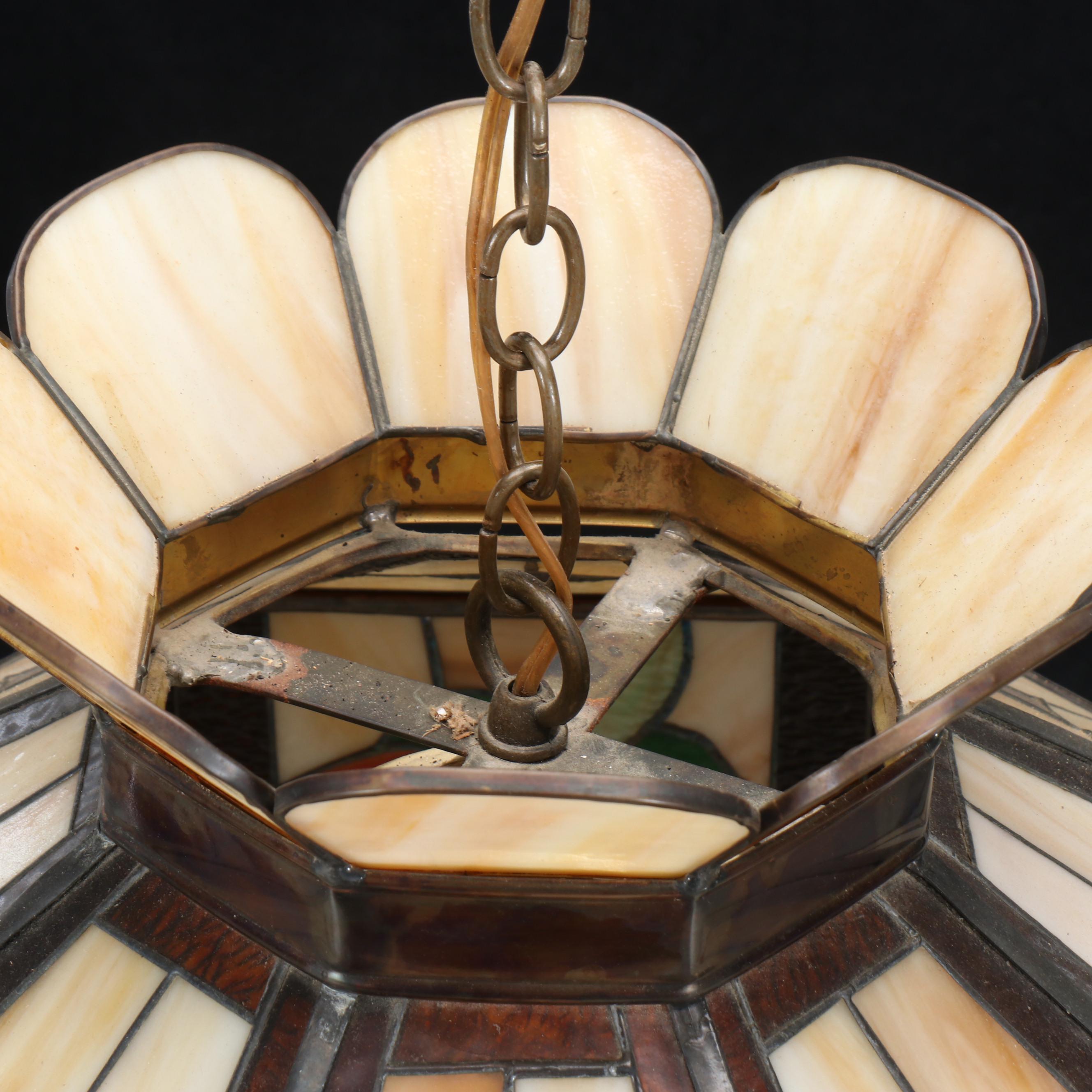 Floral Stained and Slag Glass Panel Pendant Light