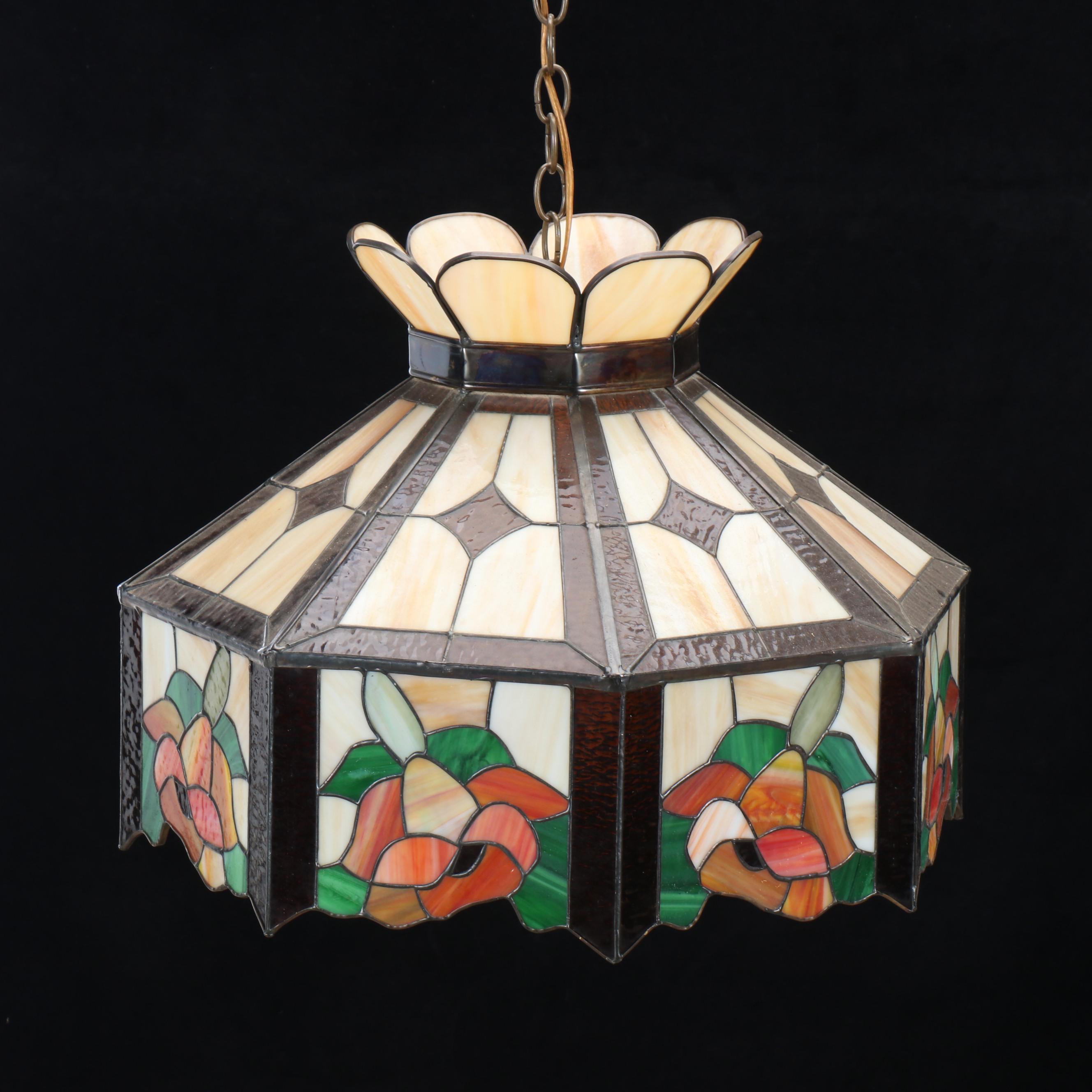 Floral Stained and Slag Glass Panel Pendant Light