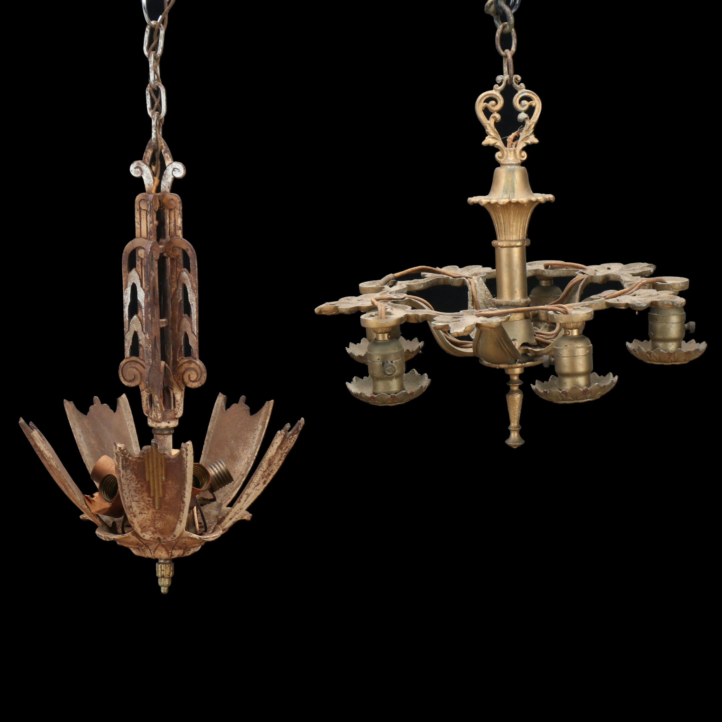 Art Deco Slipper Chandelier with Victorian Five-Light Chandelier, Antique