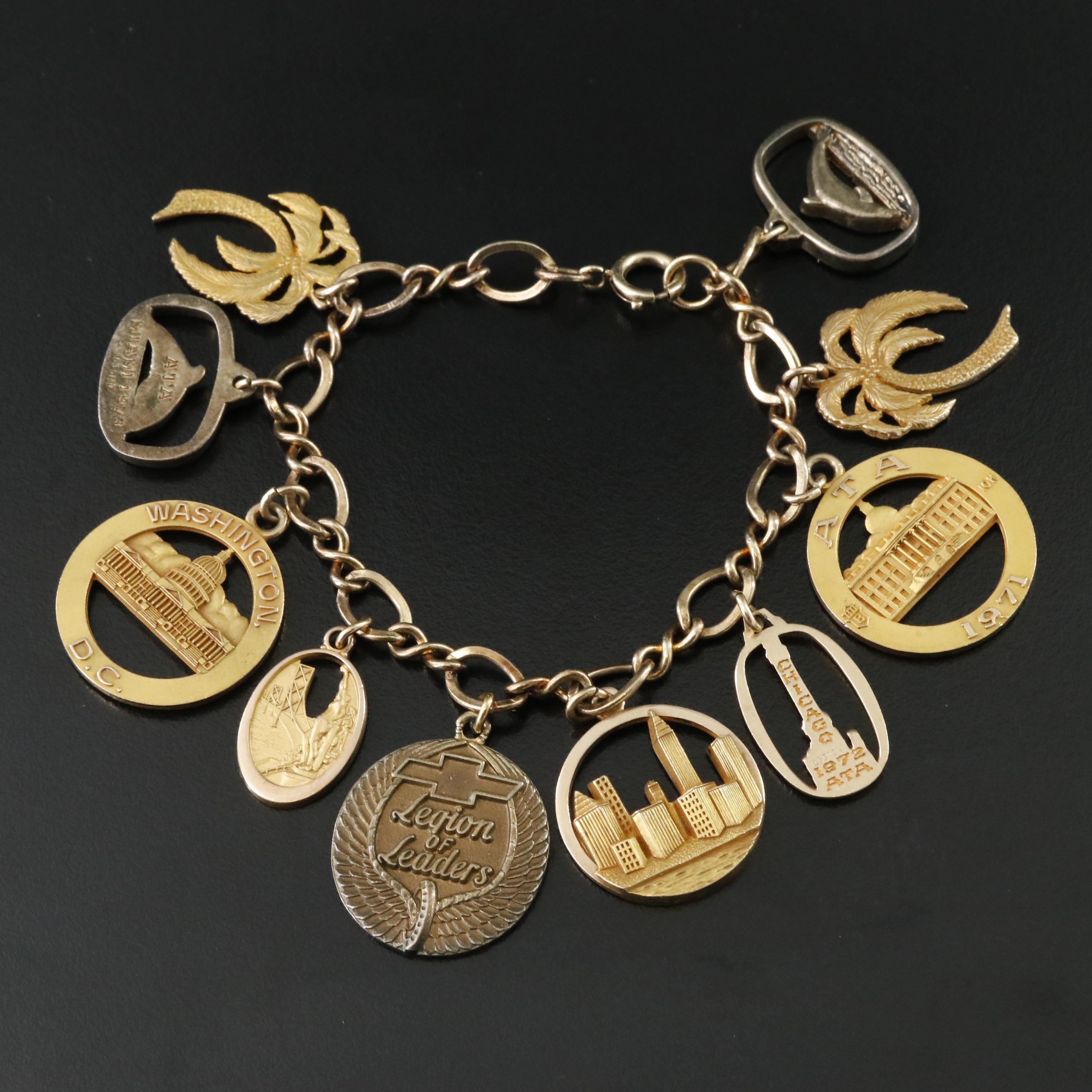 1970s Sterling Charm Bracelet Including 10K and Gold-Filled