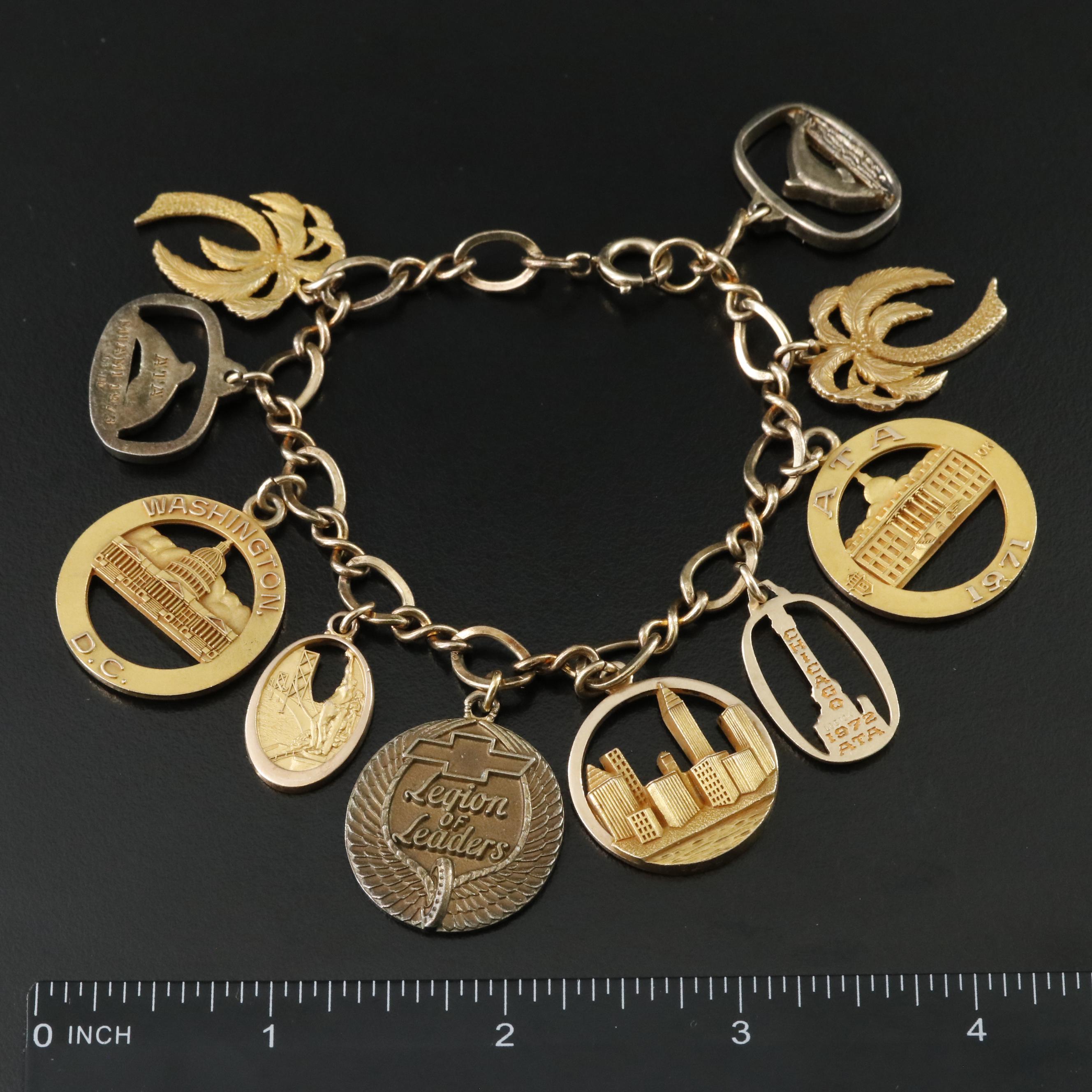 1970s Sterling Charm Bracelet Including 10K and Gold-Filled