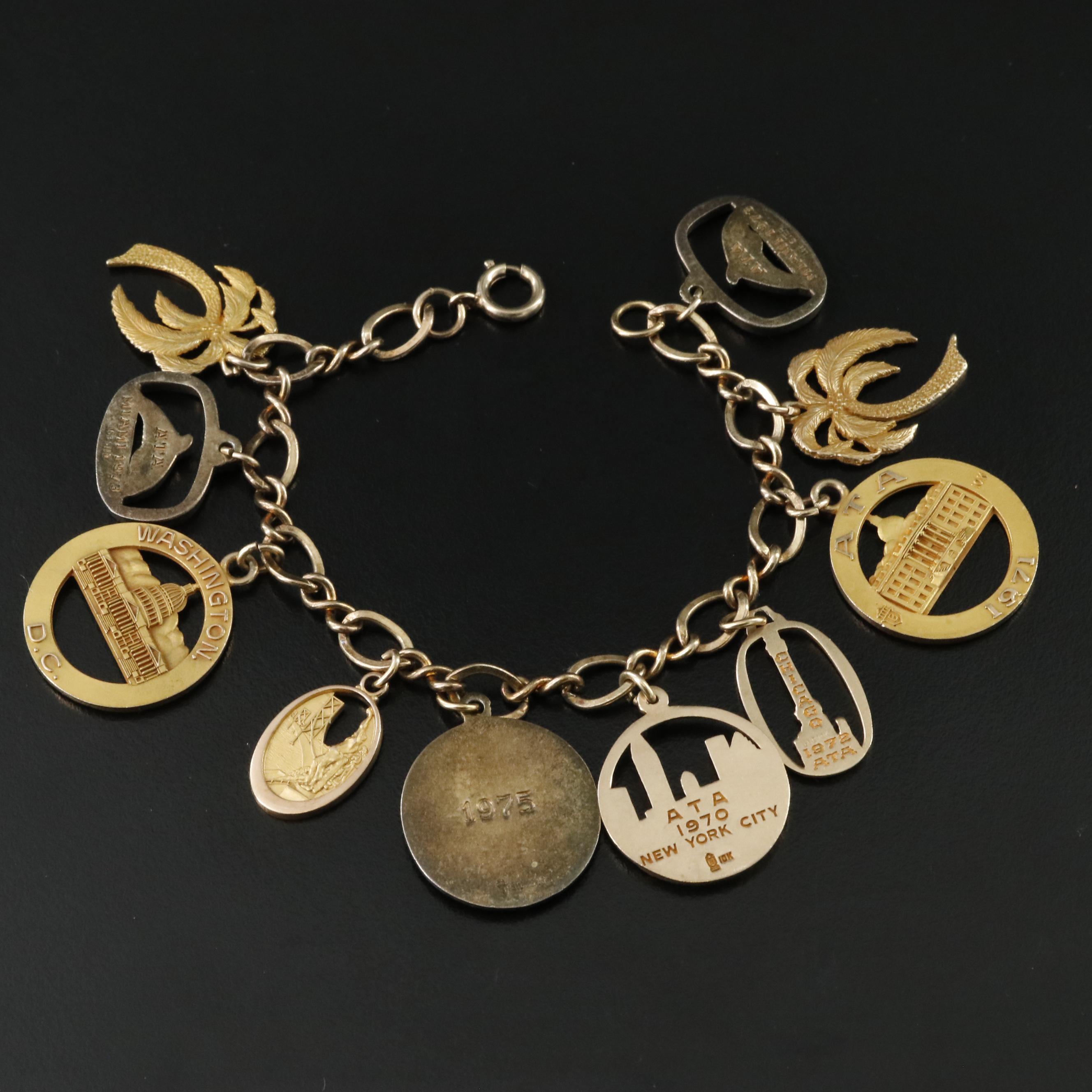 1970s Sterling Charm Bracelet Including 10K and Gold-Filled