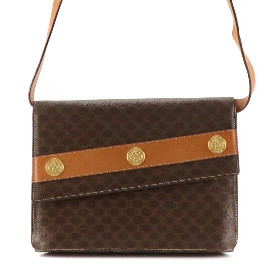 Celine Front Flap Convertible Crossbody Bag in Macadam Canvas and Leather Trim