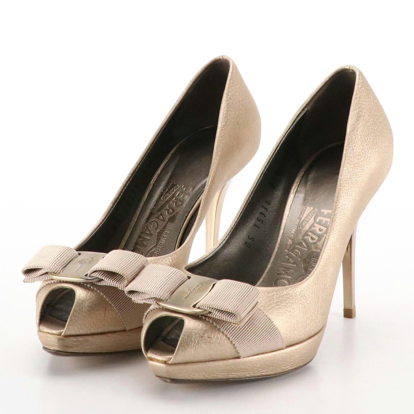 Salvatore Ferragamo Vara Bow Peek Toe Platform Pumps with Box