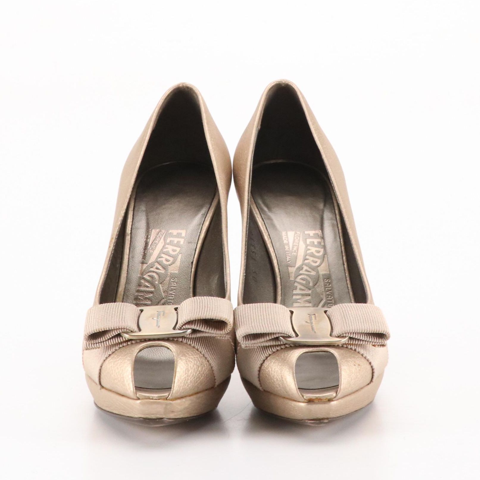 Salvatore Ferragamo Vara Bow Peek Toe Platform Pumps with Box