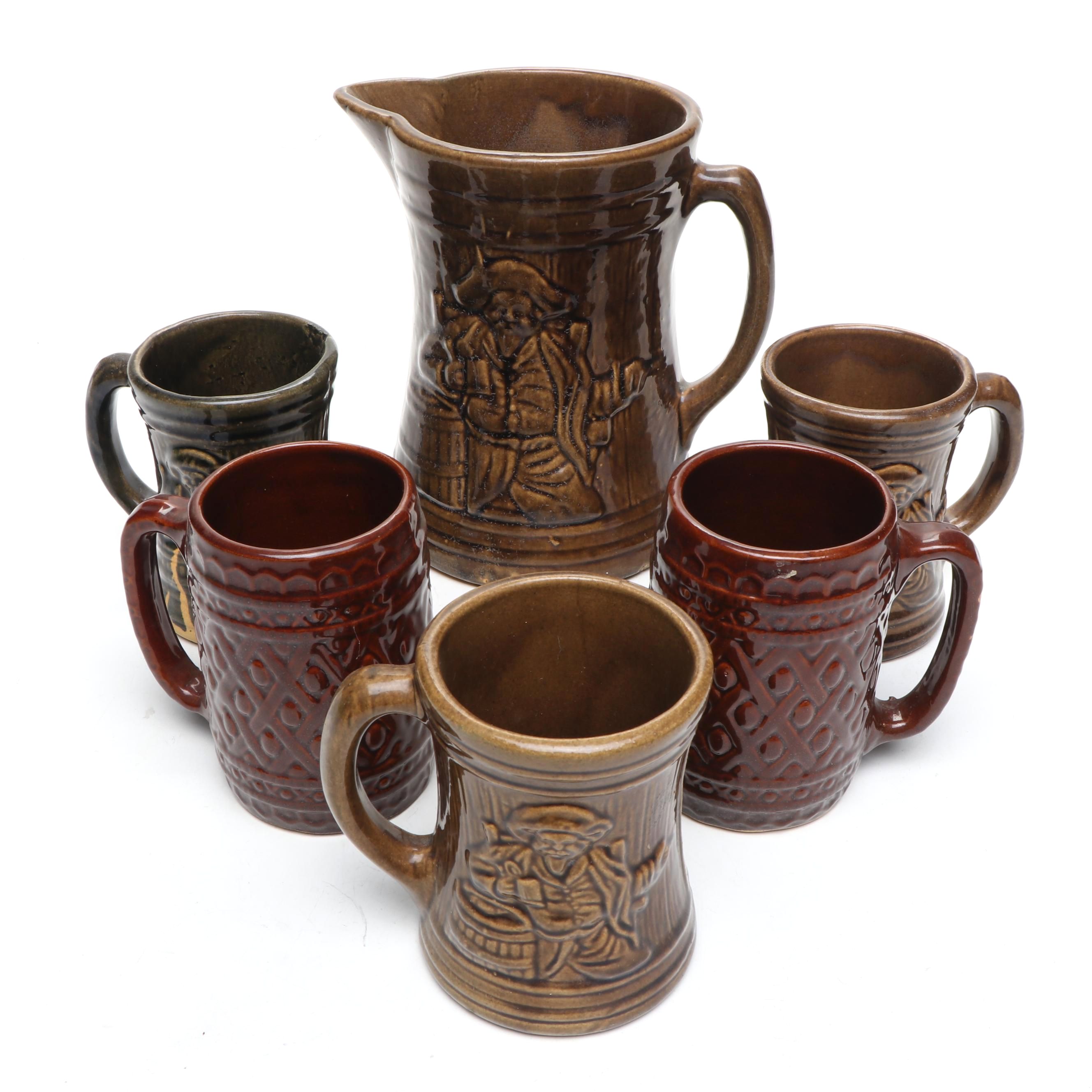 Nelson McCoy Pottery with Hull Brownware Tankards and Pitcher