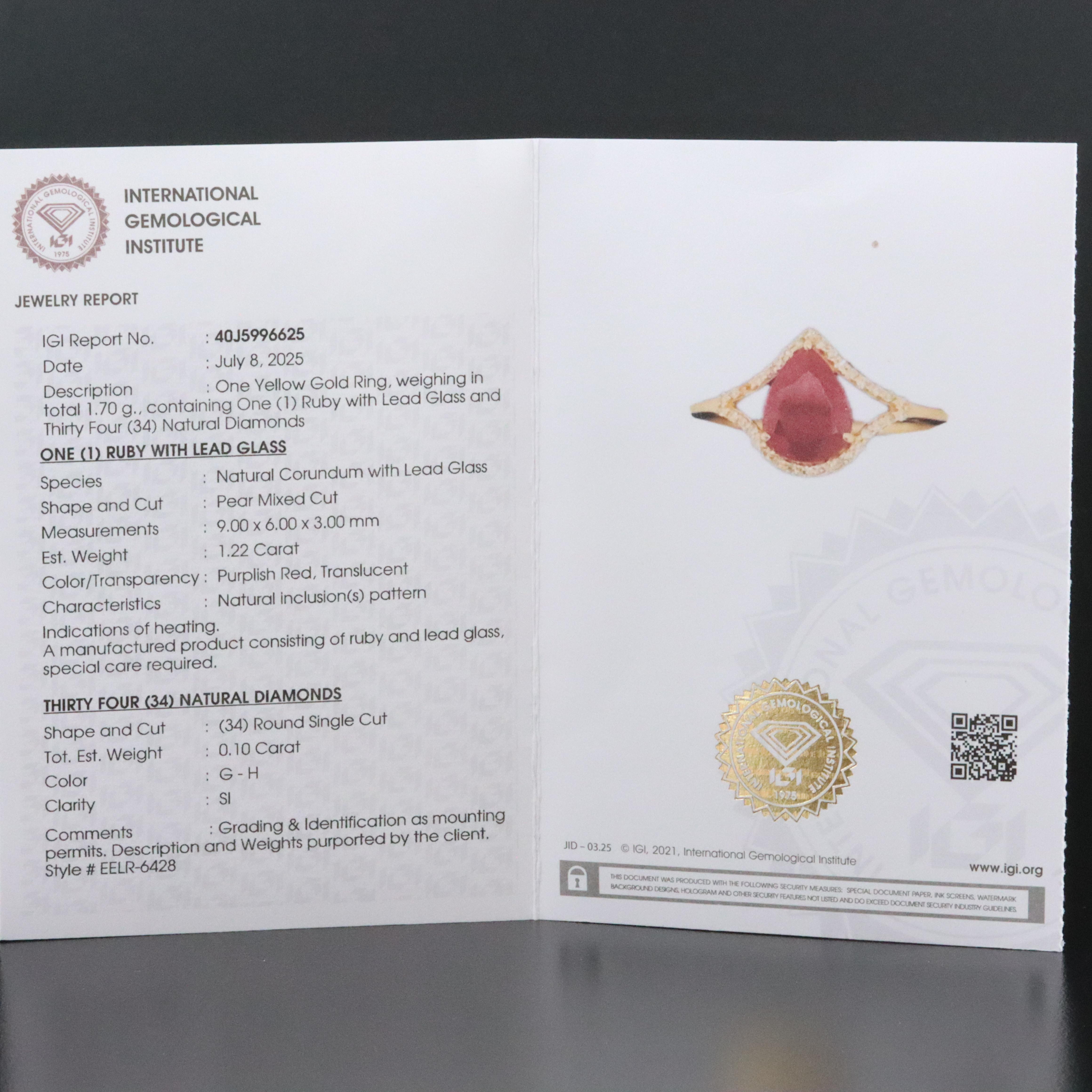 14K 1.22 Filled Corundum and Diamond Ring with IGI Jewelry Report