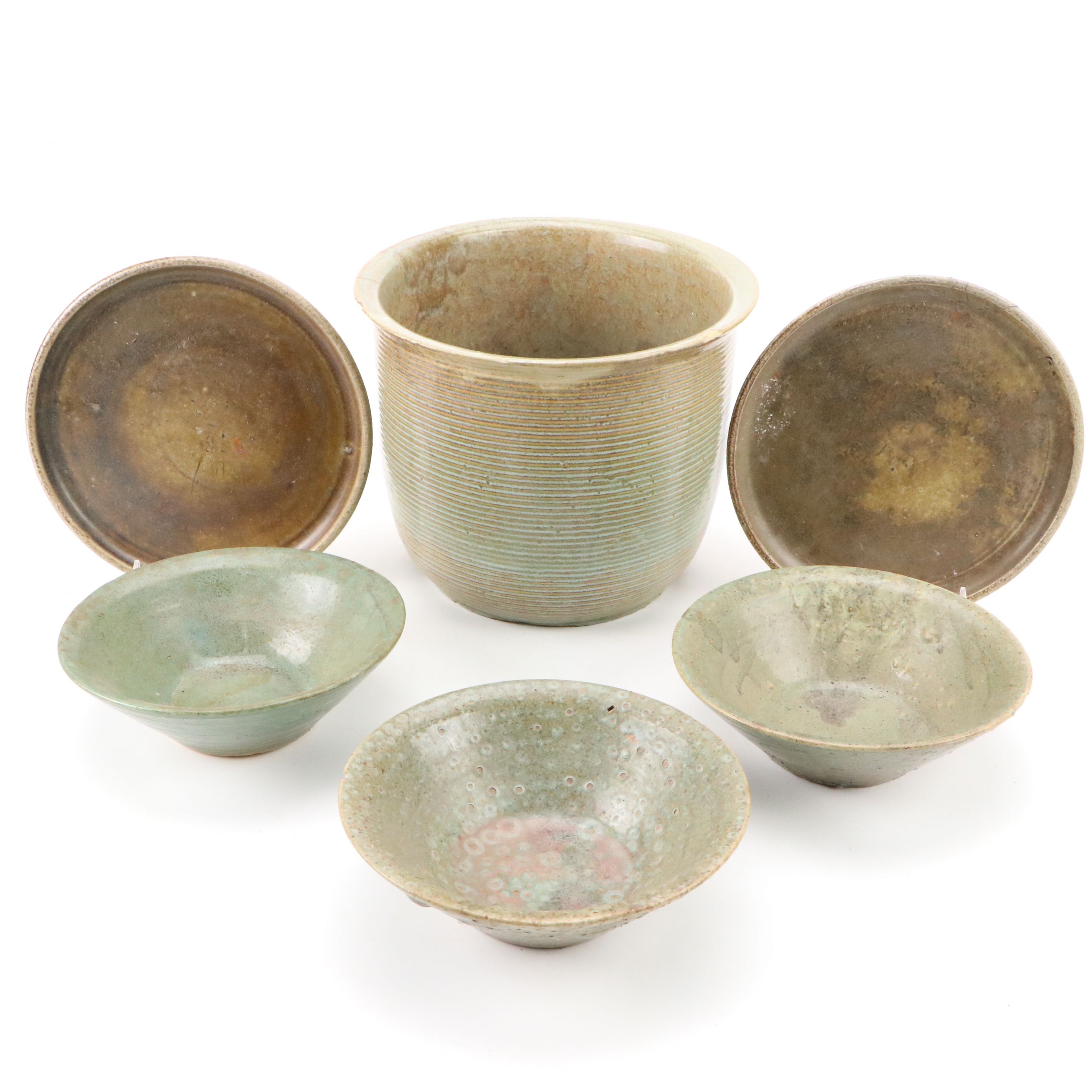 Earthenware Studio Pottery Jardinière with Ribbed Bowls and Other Plates