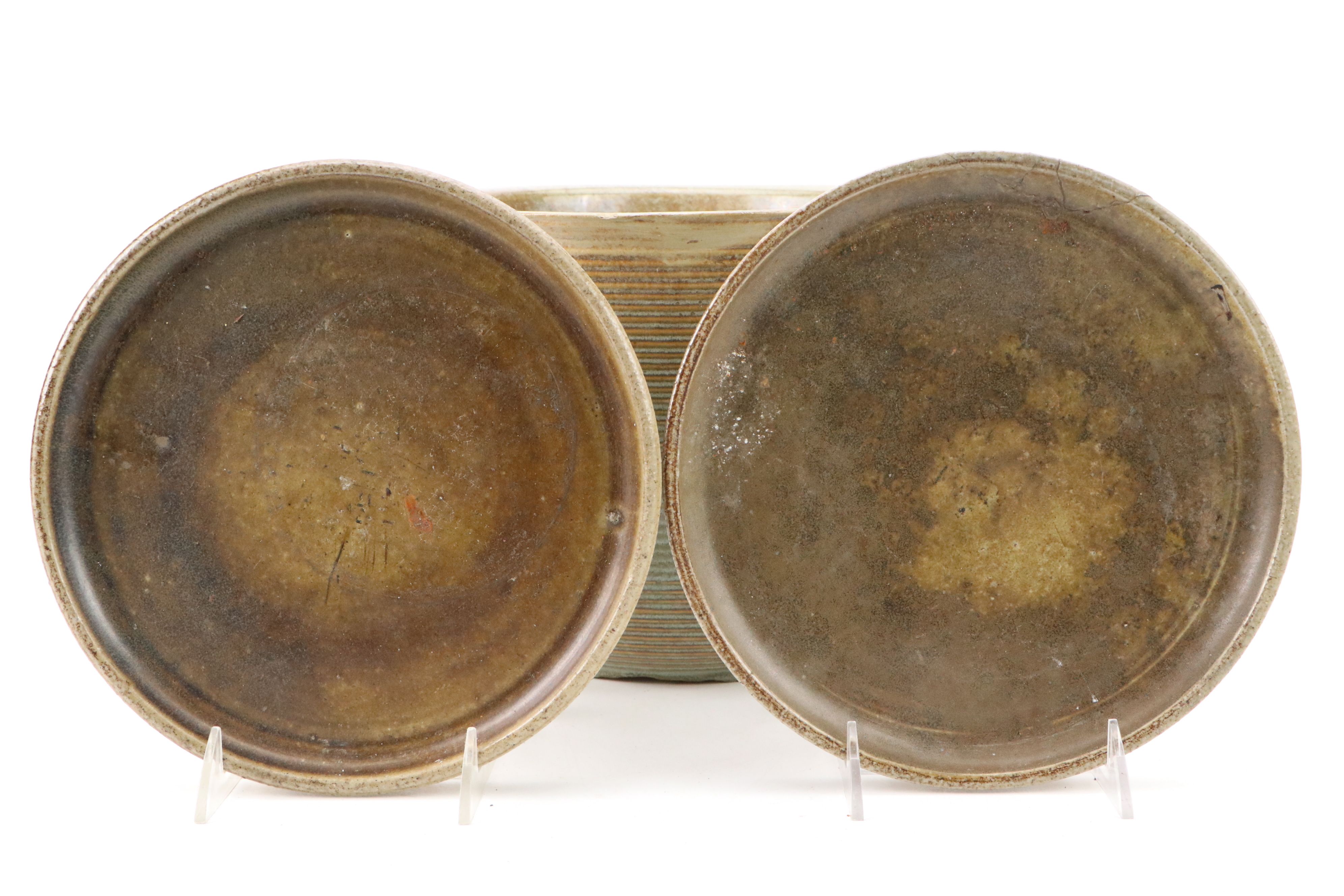 Earthenware Studio Pottery Jardinière with Ribbed Bowls and Other Plates