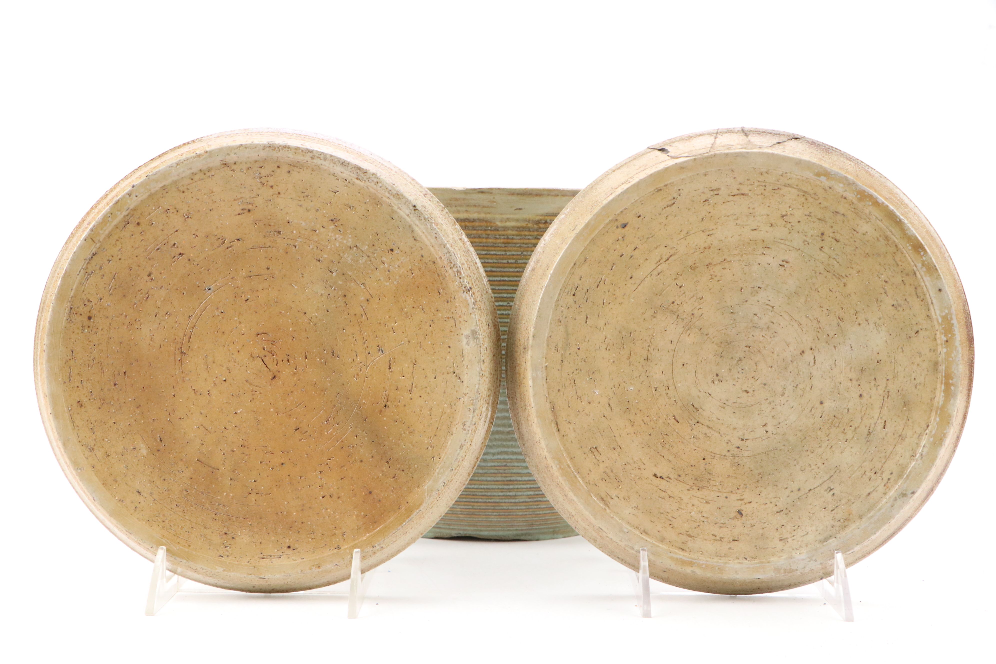 Earthenware Studio Pottery Jardinière with Ribbed Bowls and Other Plates