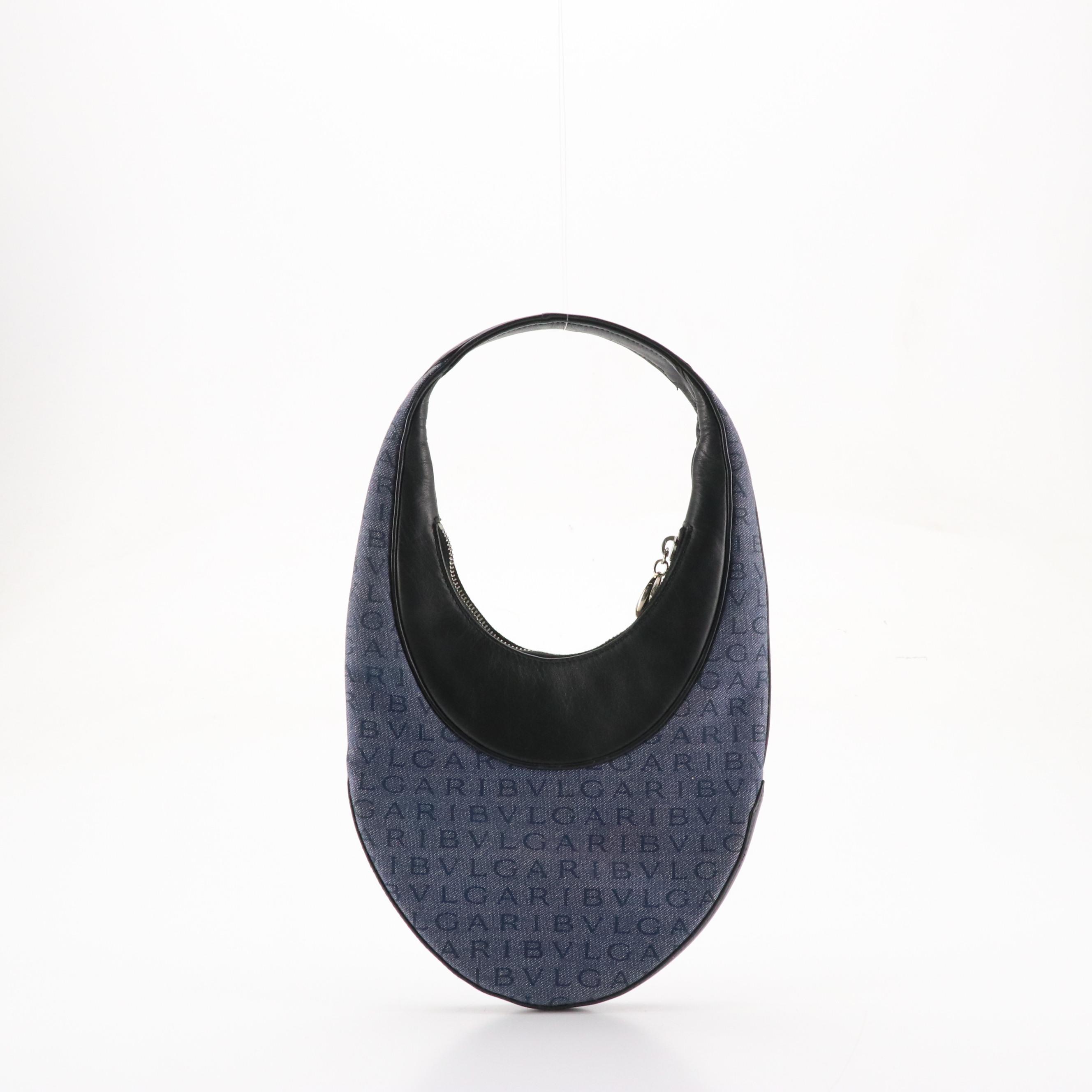 BVLGARI Ascot Shoulder Bag in Logo Mania Denim and Navy Calfskin Leather