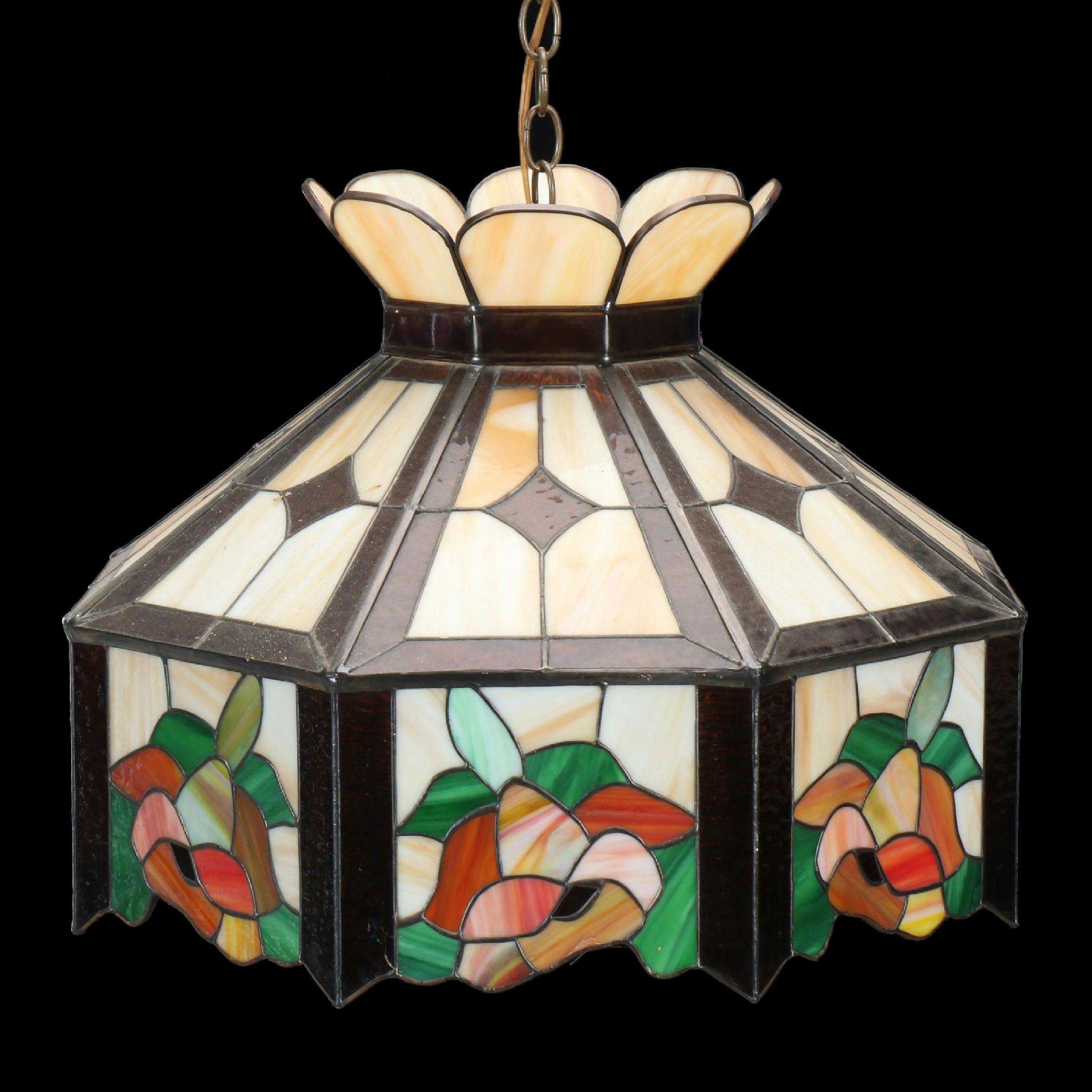 Floral Stained and Slag Glass Panel Pendant Light