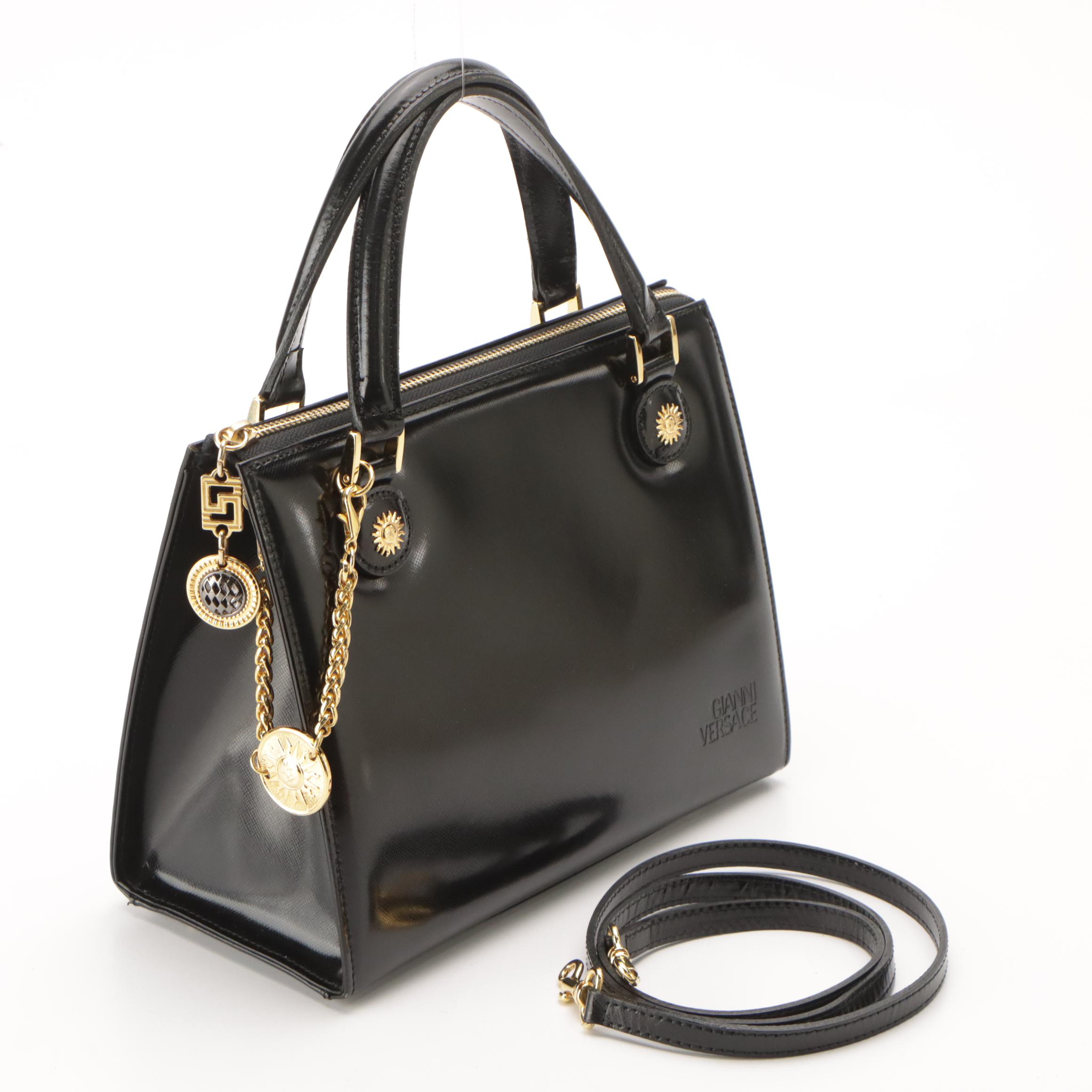 Gianni Versace Black Saffiano Glazed Leather Sunburst Medallion Two-Way Bag