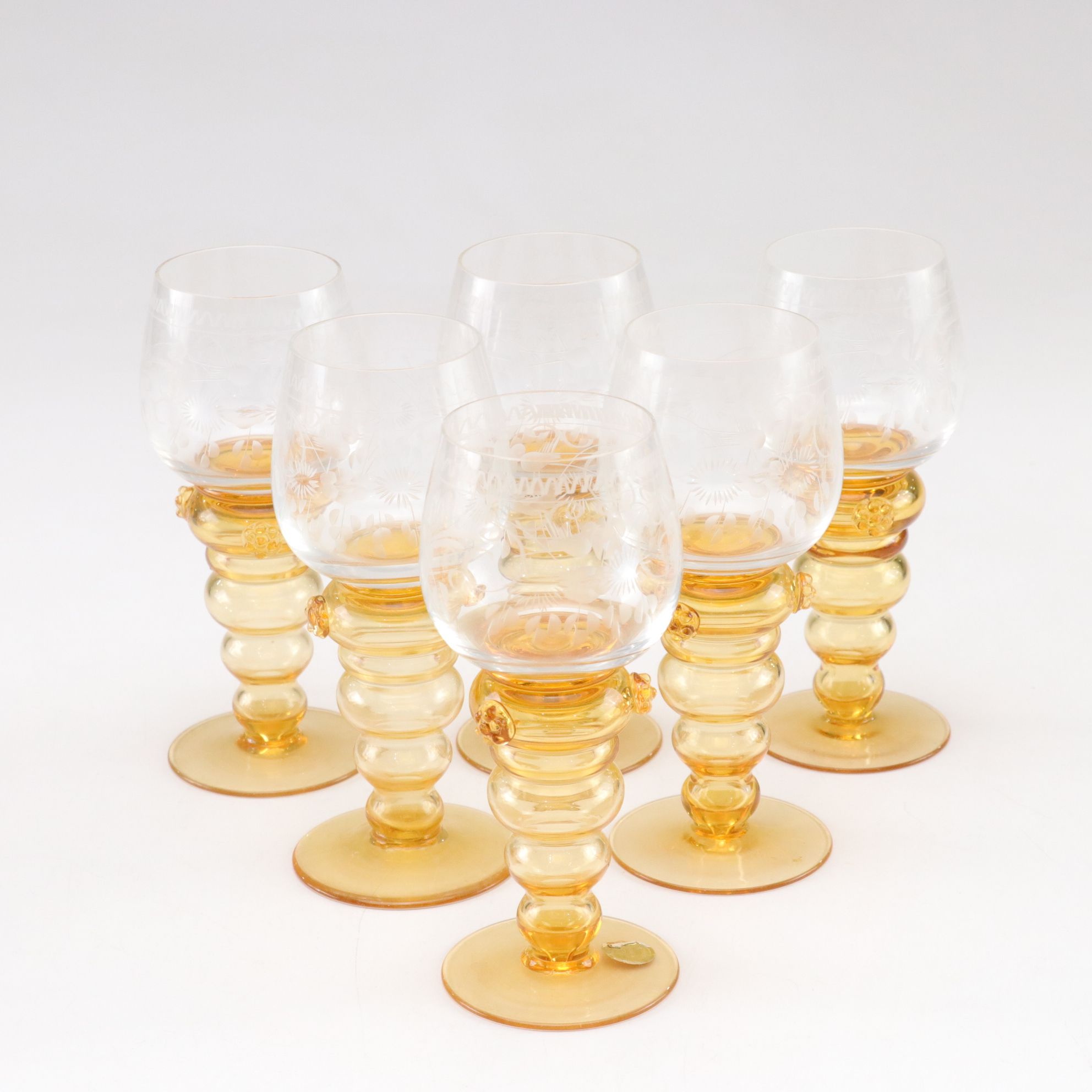 Theresienthal Etched Blown Glass Dessert & Wine Glasses