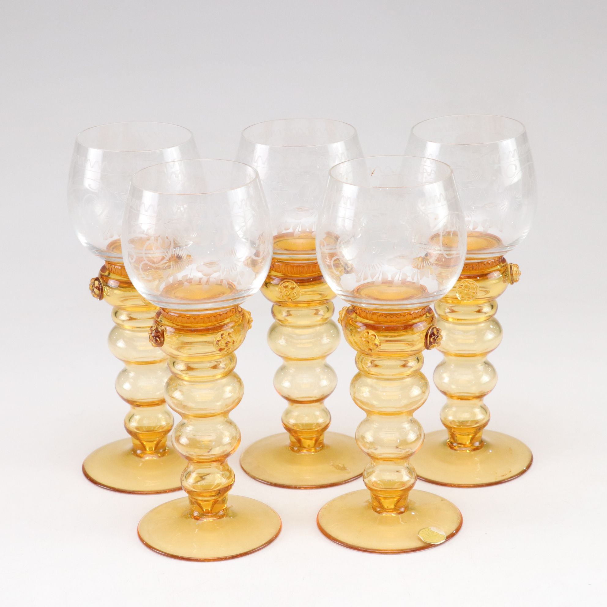 Theresienthal Etched Blown Glass Dessert & Wine Glasses