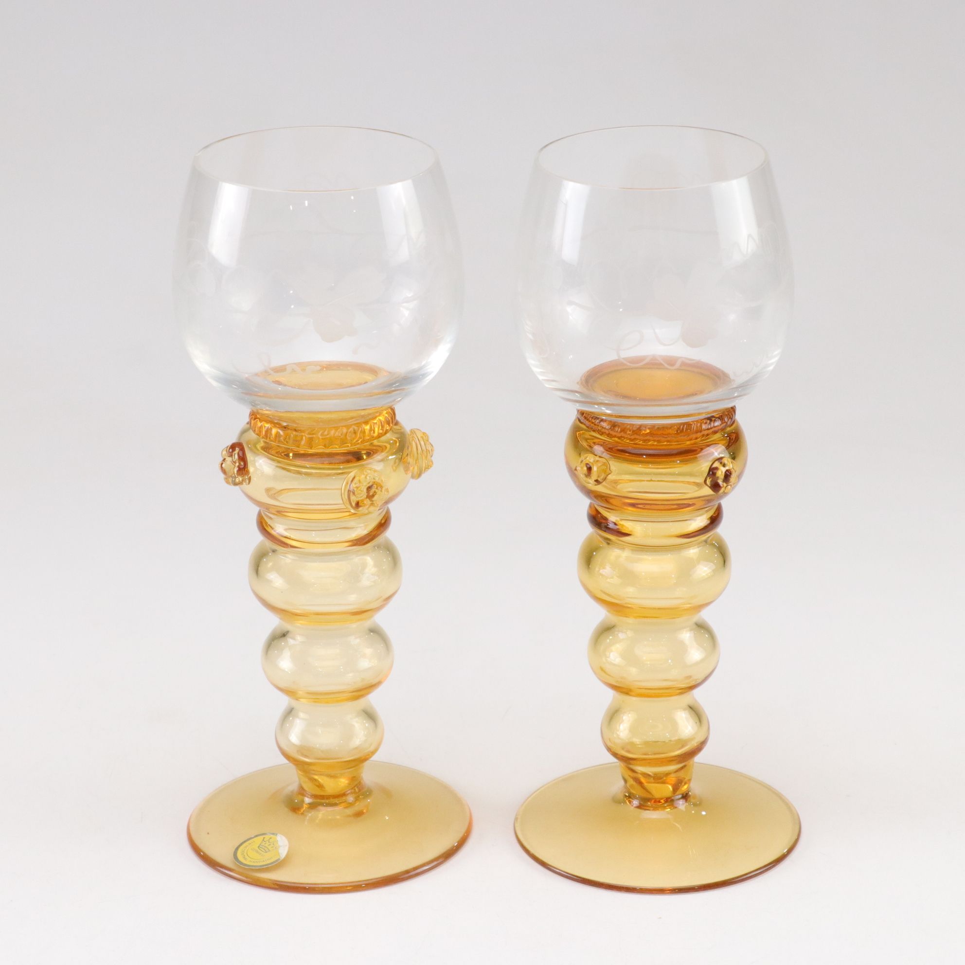 Theresienthal Etched Blown Glass Dessert & Wine Glasses