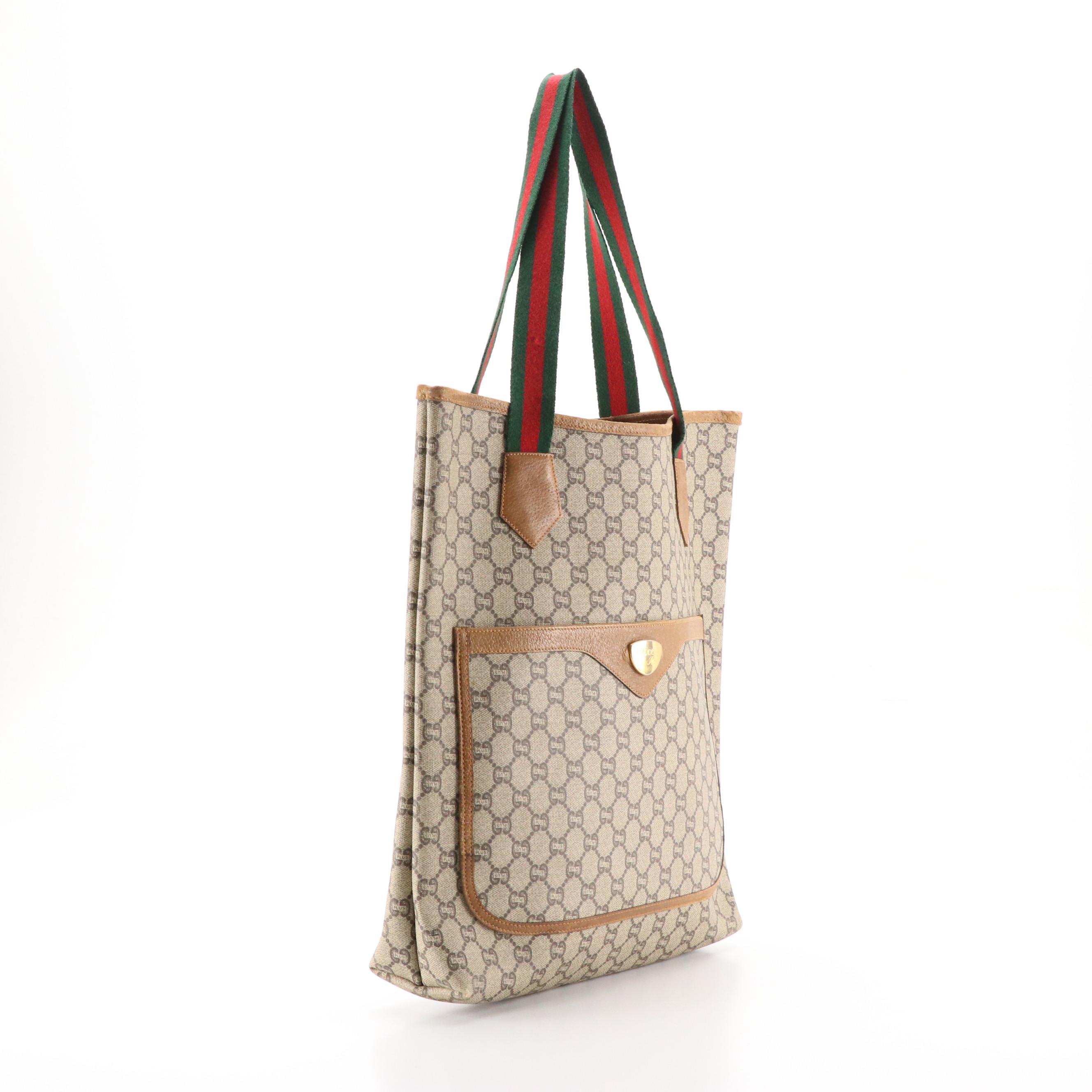 Gucci Plus Front Pocket Tote in GG Supreme Canvas, Leather and Web Straps