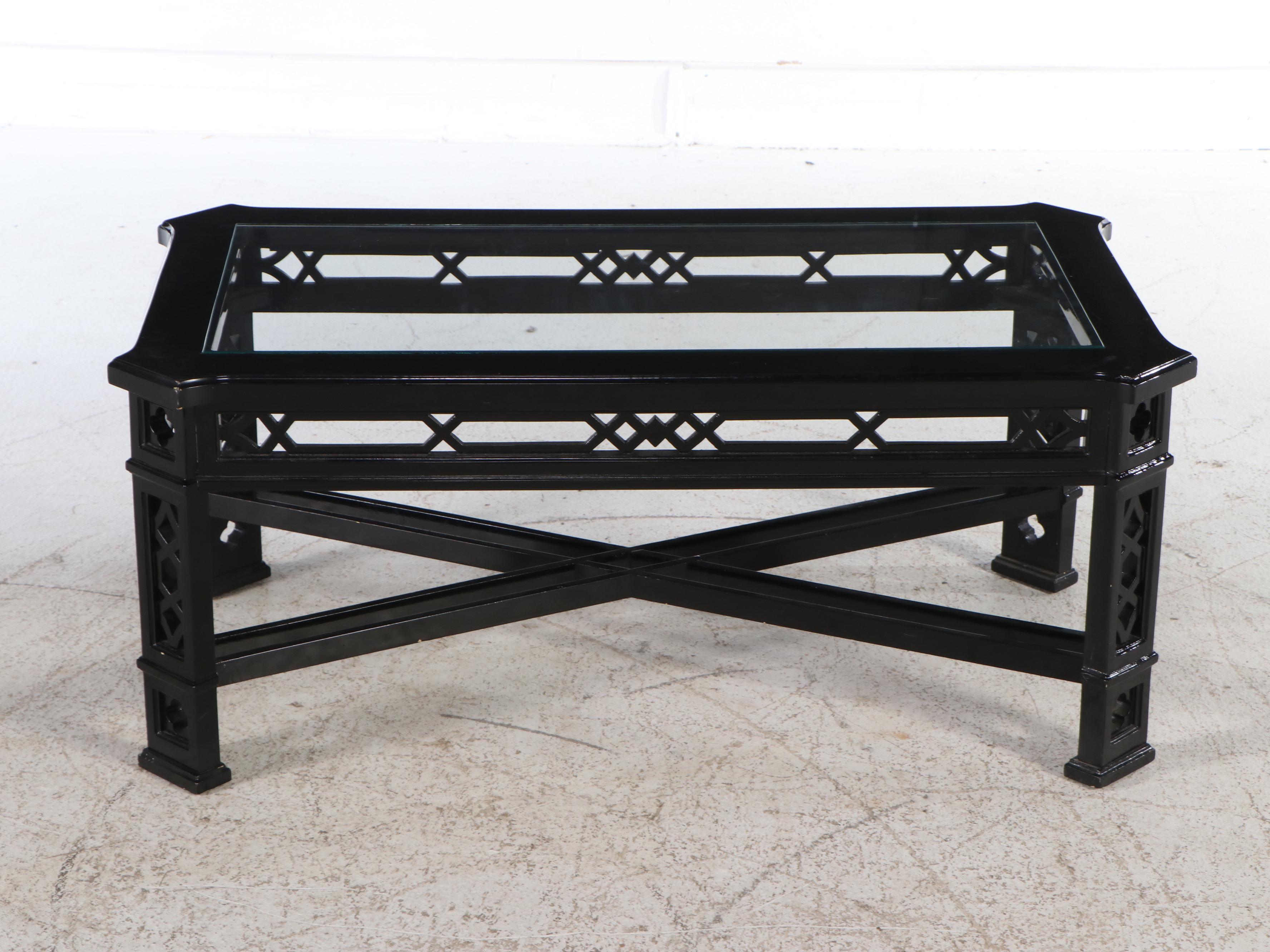 Chinese Style Black Lacquered Wood Coffee Table with Glass Top