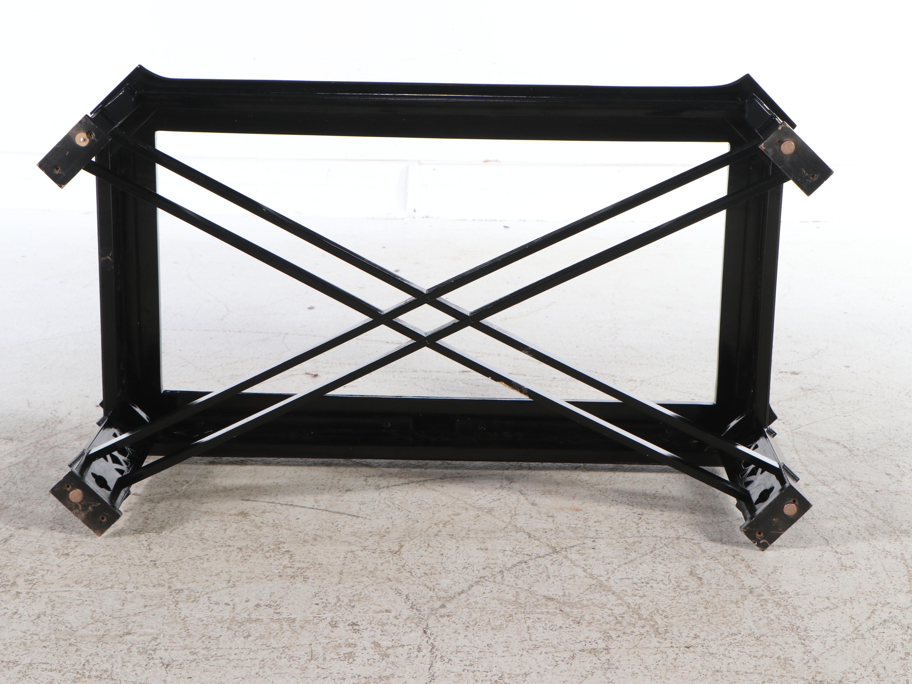 Chinese Style Black Lacquered Wood Coffee Table with Glass Top