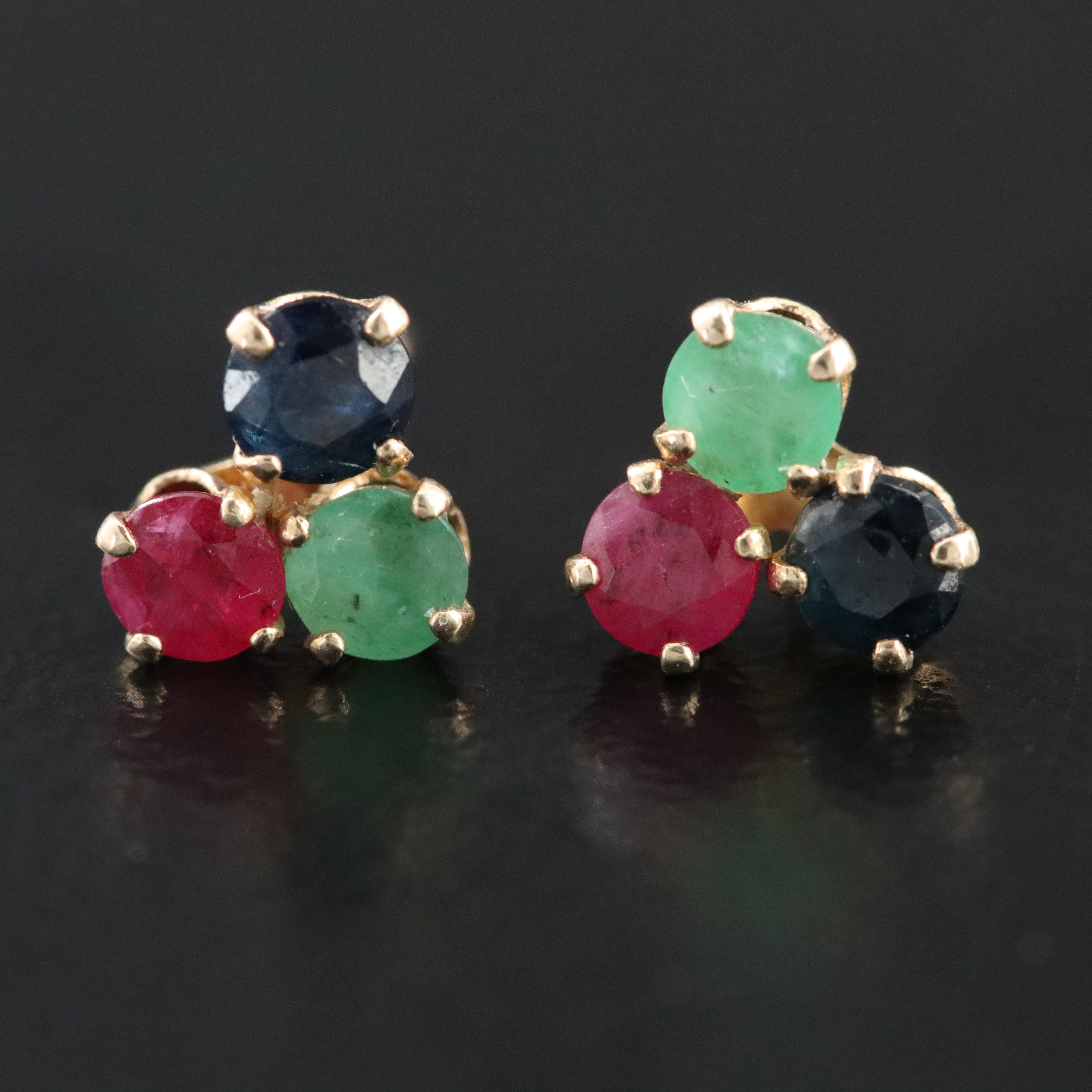 14K Sapphire, Ruby, and Emerald Earrings