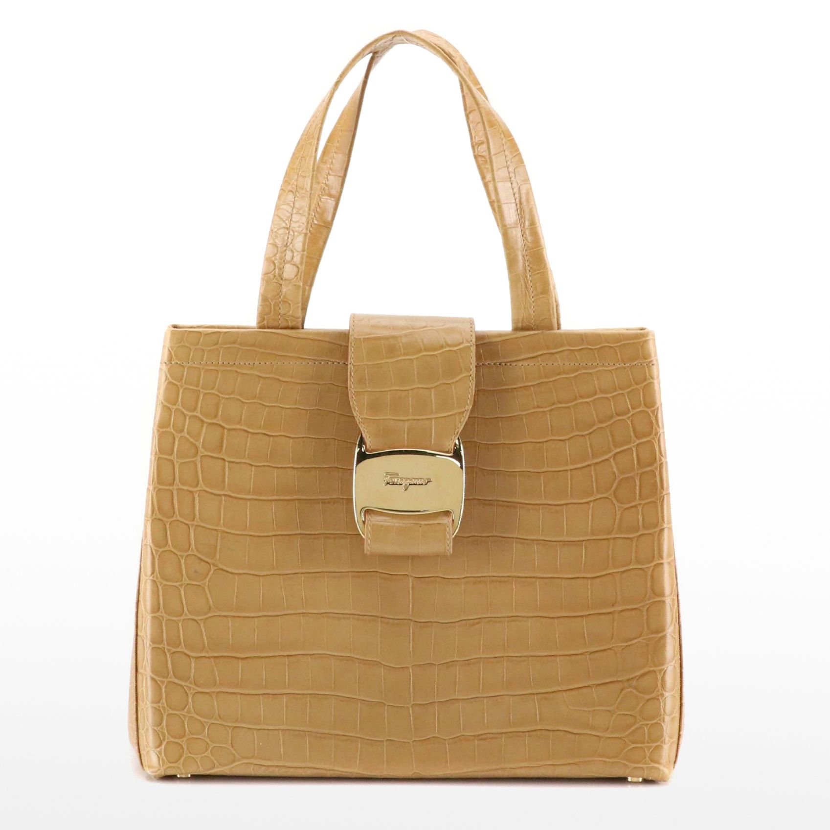 Salvatore Ferragamo Gancini Flap Two-Way Tote in Beige Croc Embossed Leather