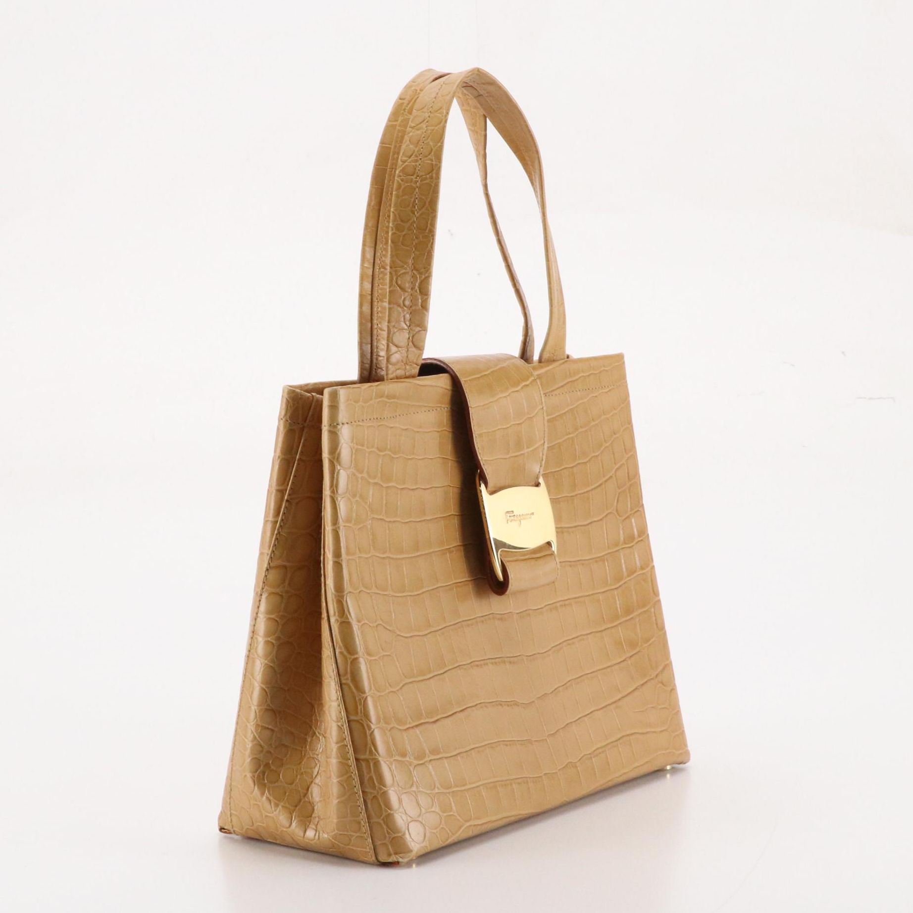 Salvatore Ferragamo Gancini Flap Two-Way Tote in Beige Croc Embossed Leather