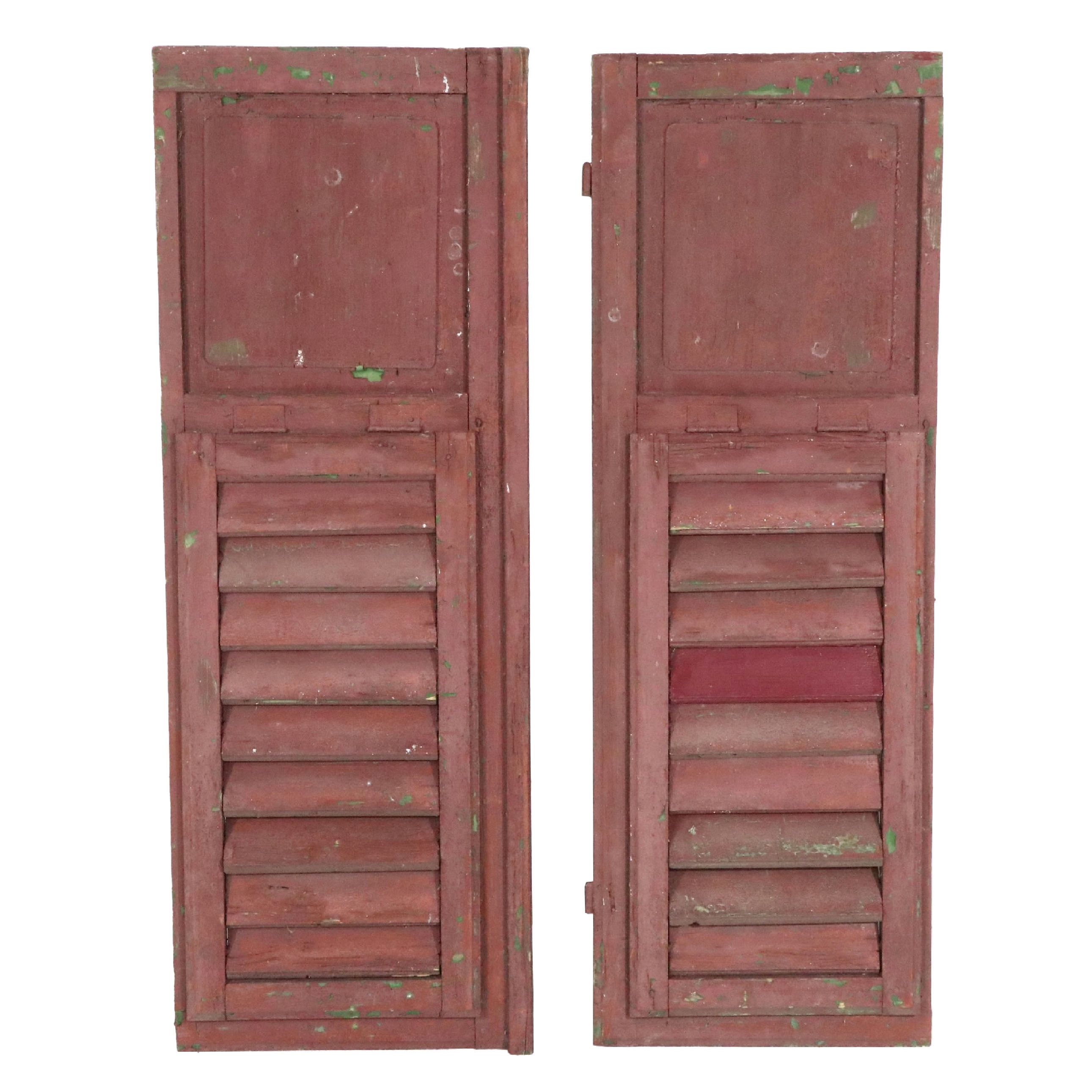 Pair of Vintage Red-Painted Wood Louvered Shutters