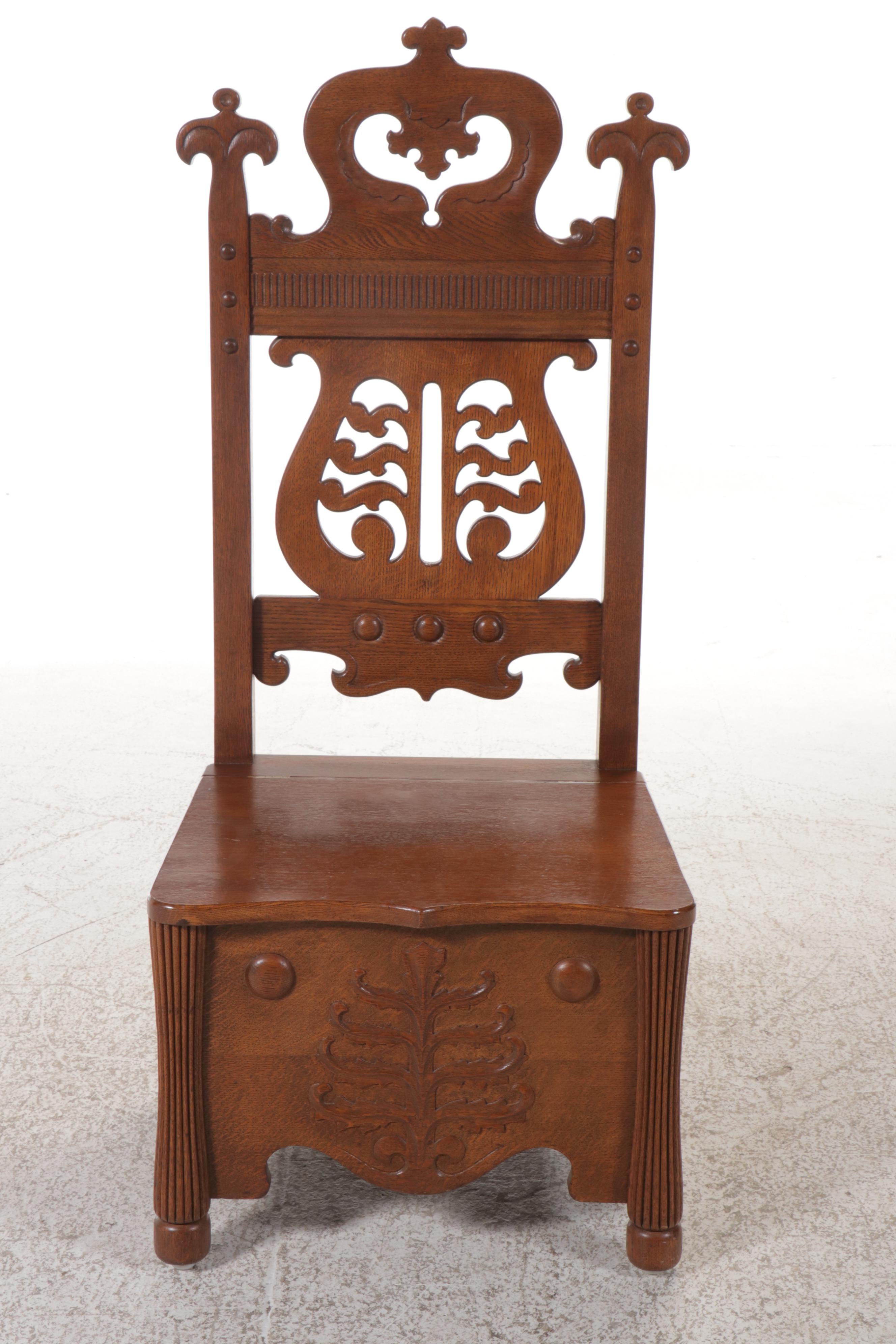 Baroque Style Carved Oak Chair with Under Seat Storage, 20th Century