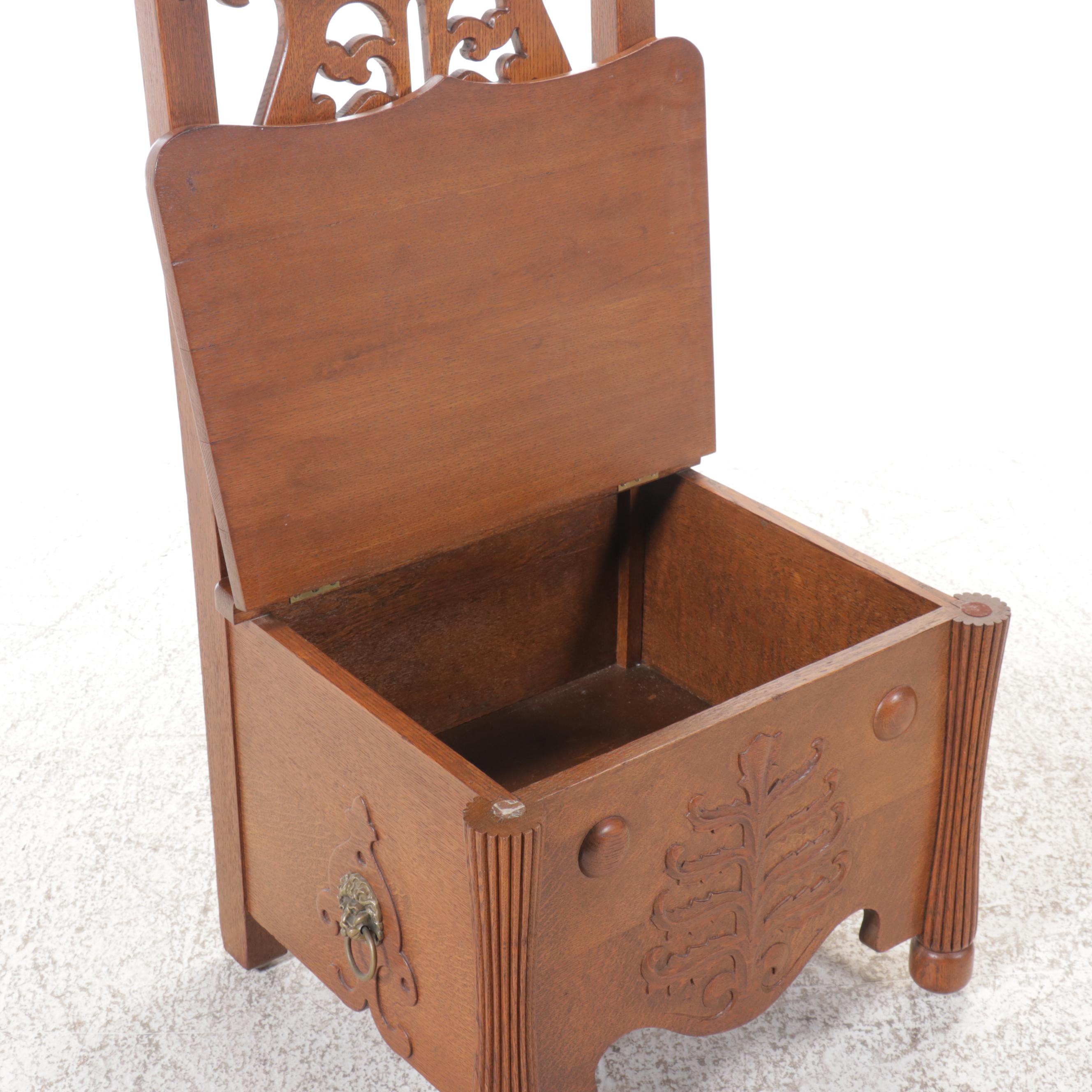 Baroque Style Carved Oak Chair with Under Seat Storage, 20th Century