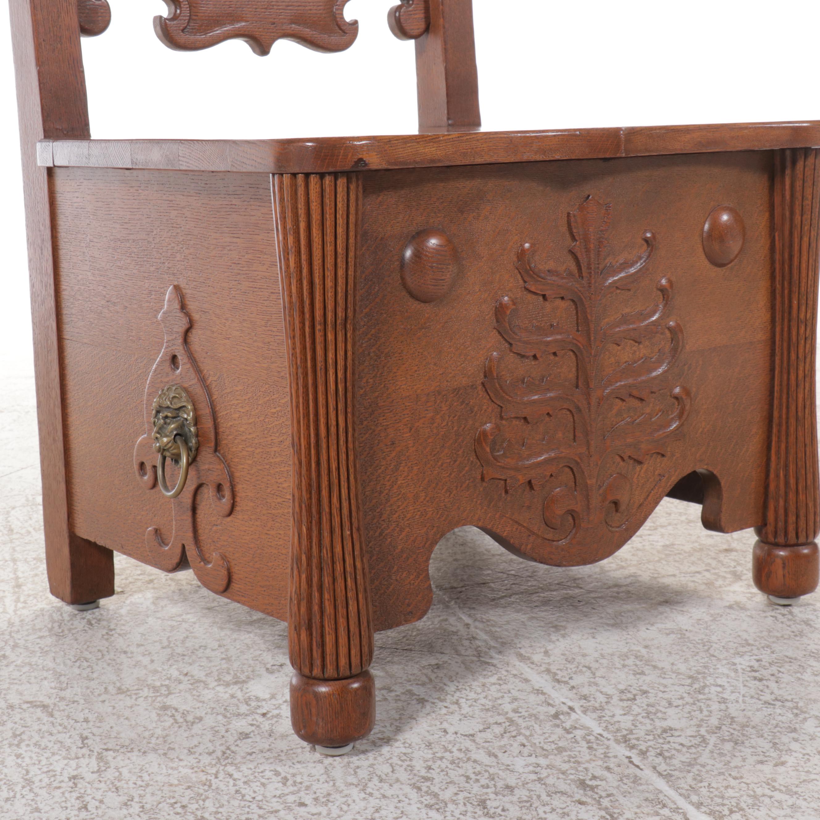 Baroque Style Carved Oak Chair with Under Seat Storage, 20th Century