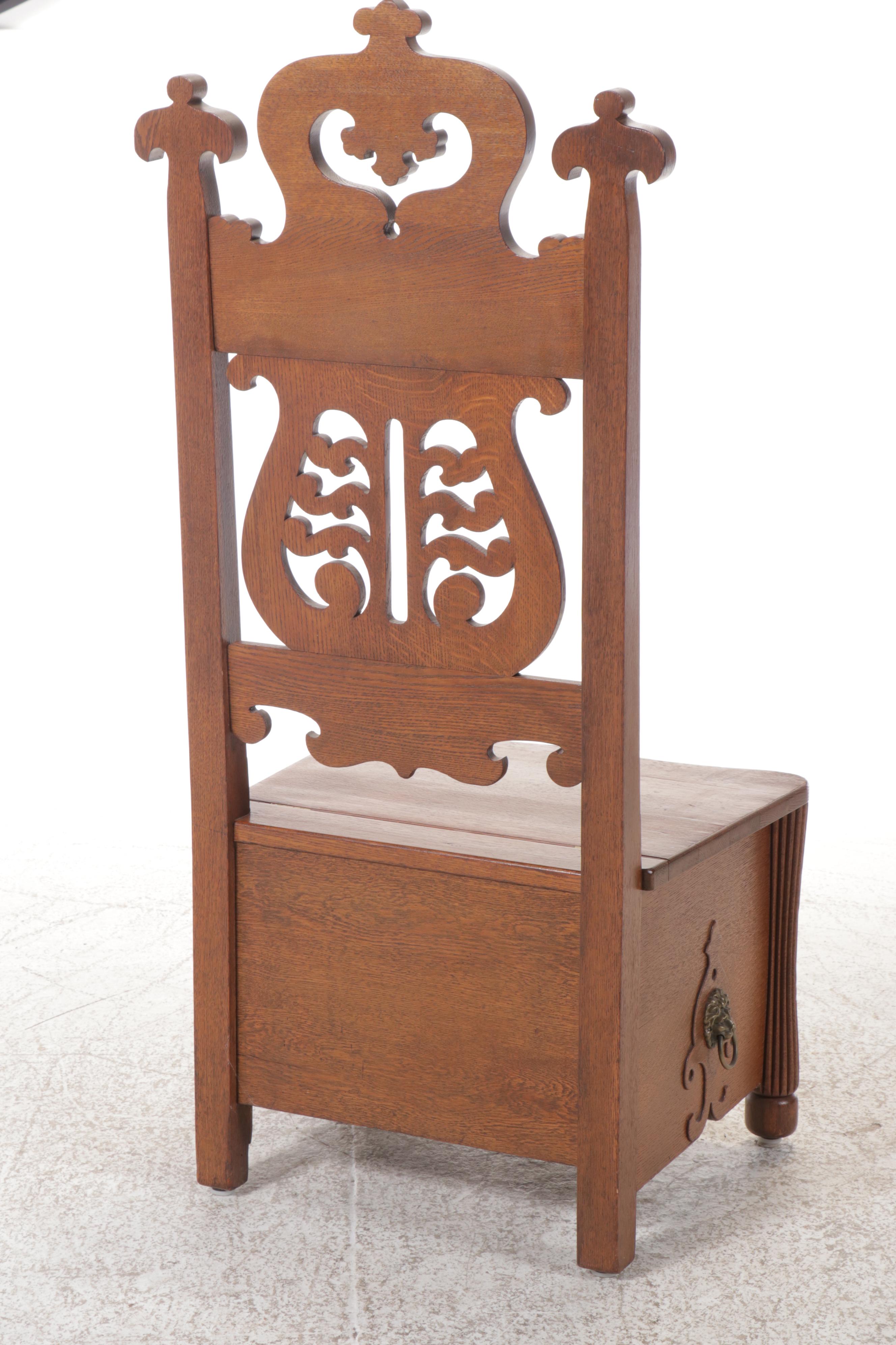 Baroque Style Carved Oak Chair with Under Seat Storage, 20th Century
