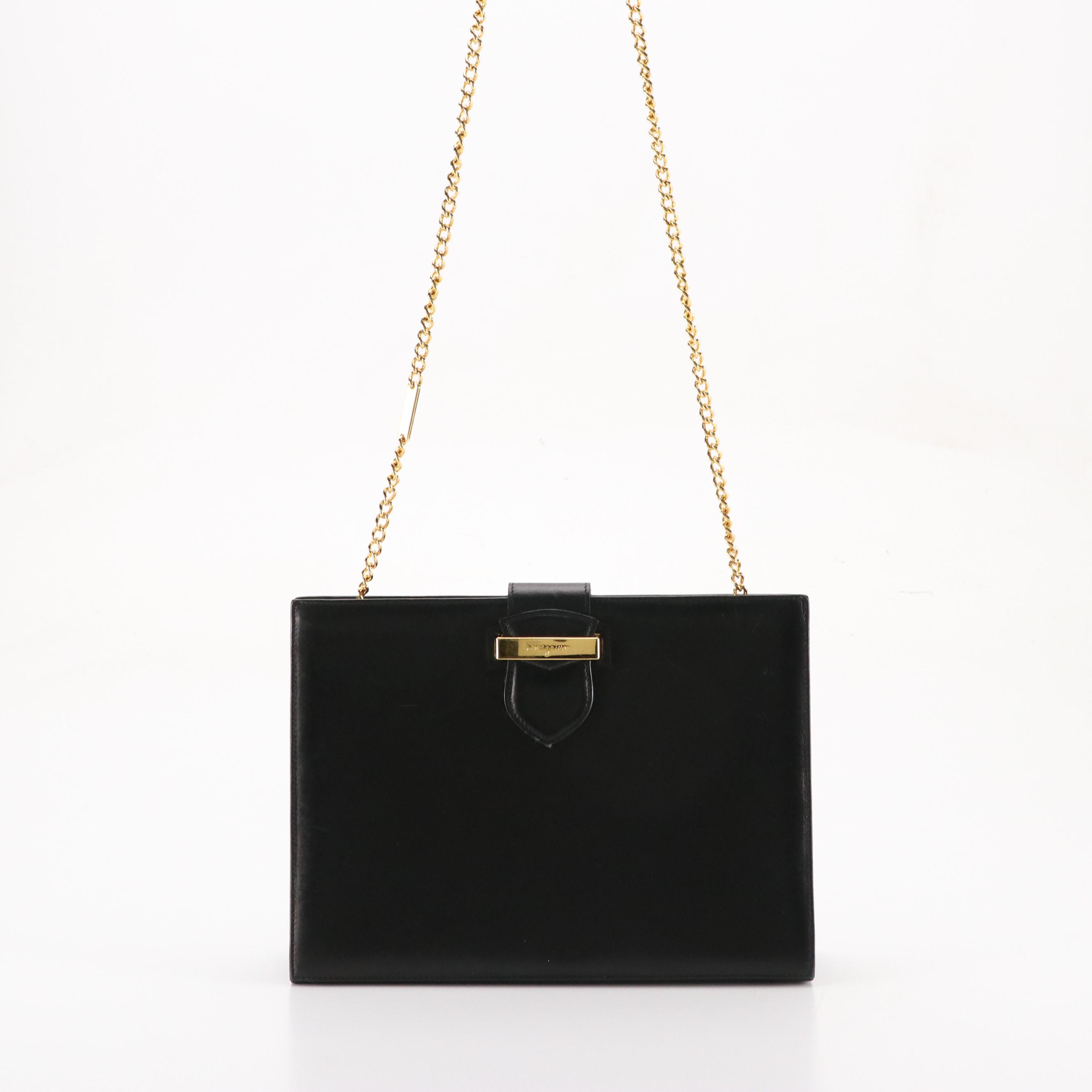 Salvatore Ferragamo Black Leather Gold Chain Crossbody