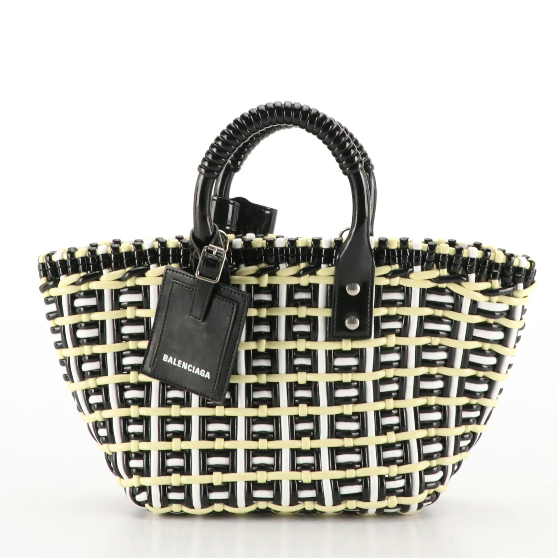 Balenciaga Bistro Basket Two-Way Tote in Black & Yellow Wicker-Woven Vinyl