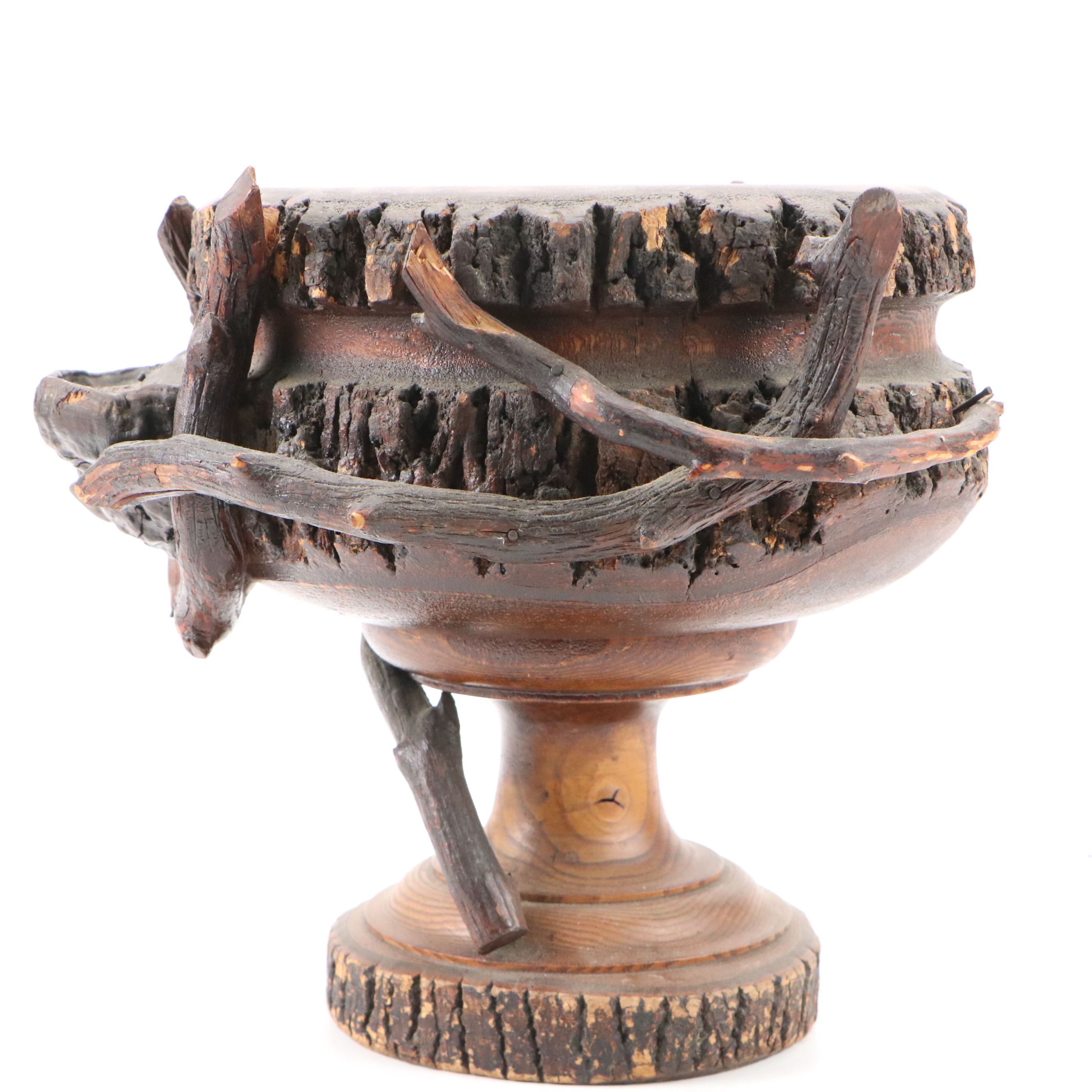 Handcrafted Pine Trunk with Bark Edge and Conk Pedestal Bowl