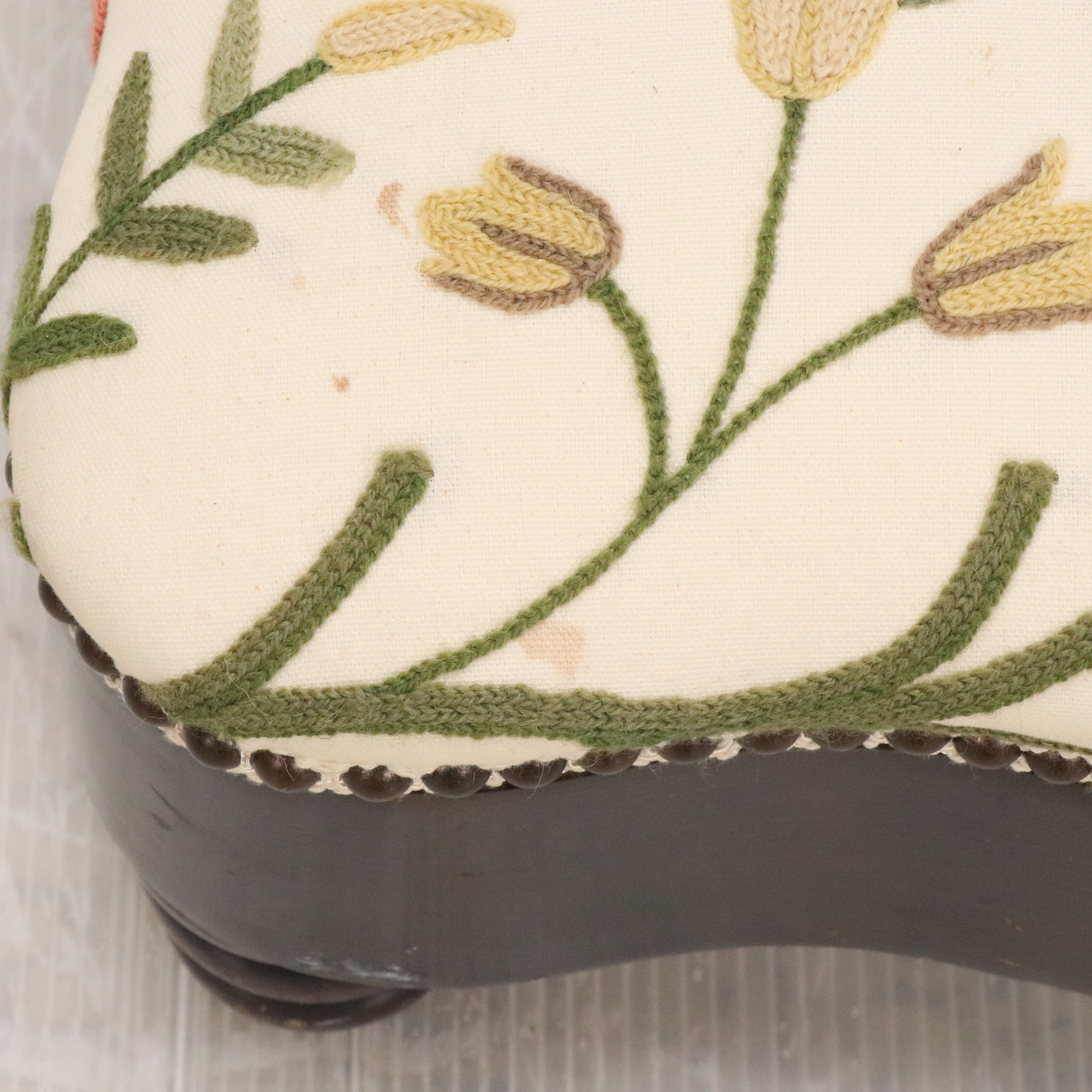 Baker Furniture Crewel Embroidered Wood Footstool, Late 20th Century