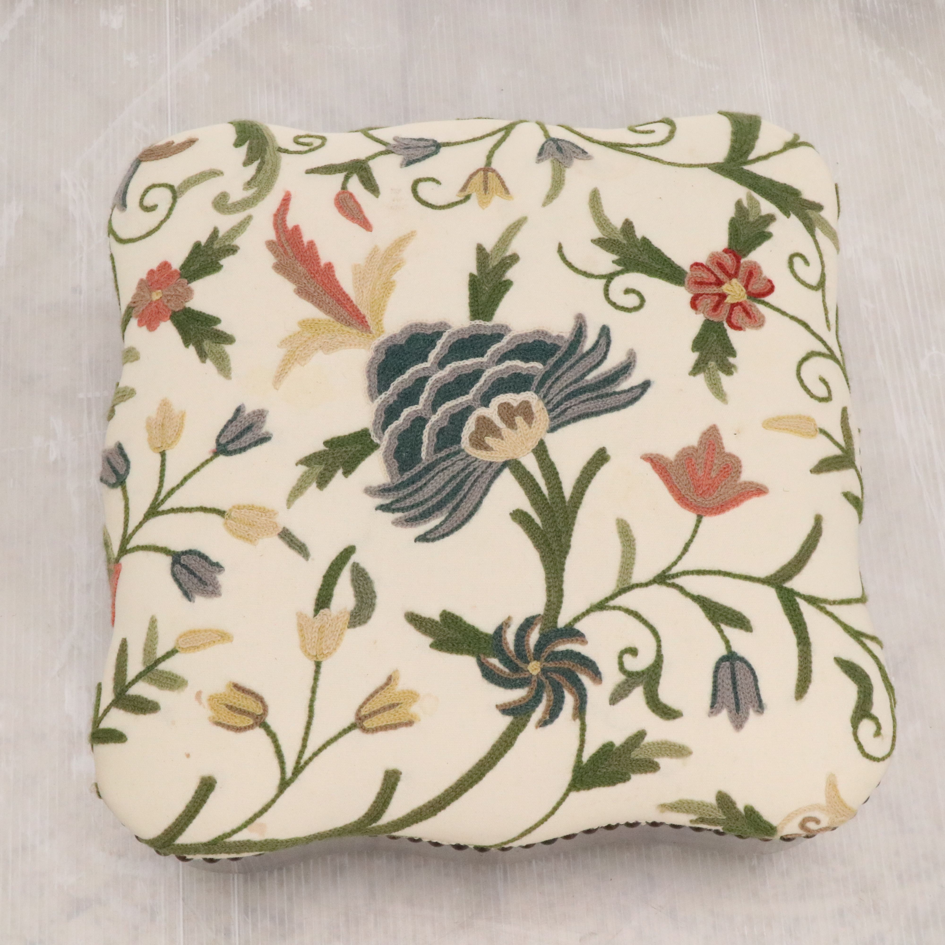 Baker Furniture Crewel Embroidered Wood Footstool, Late 20th Century
