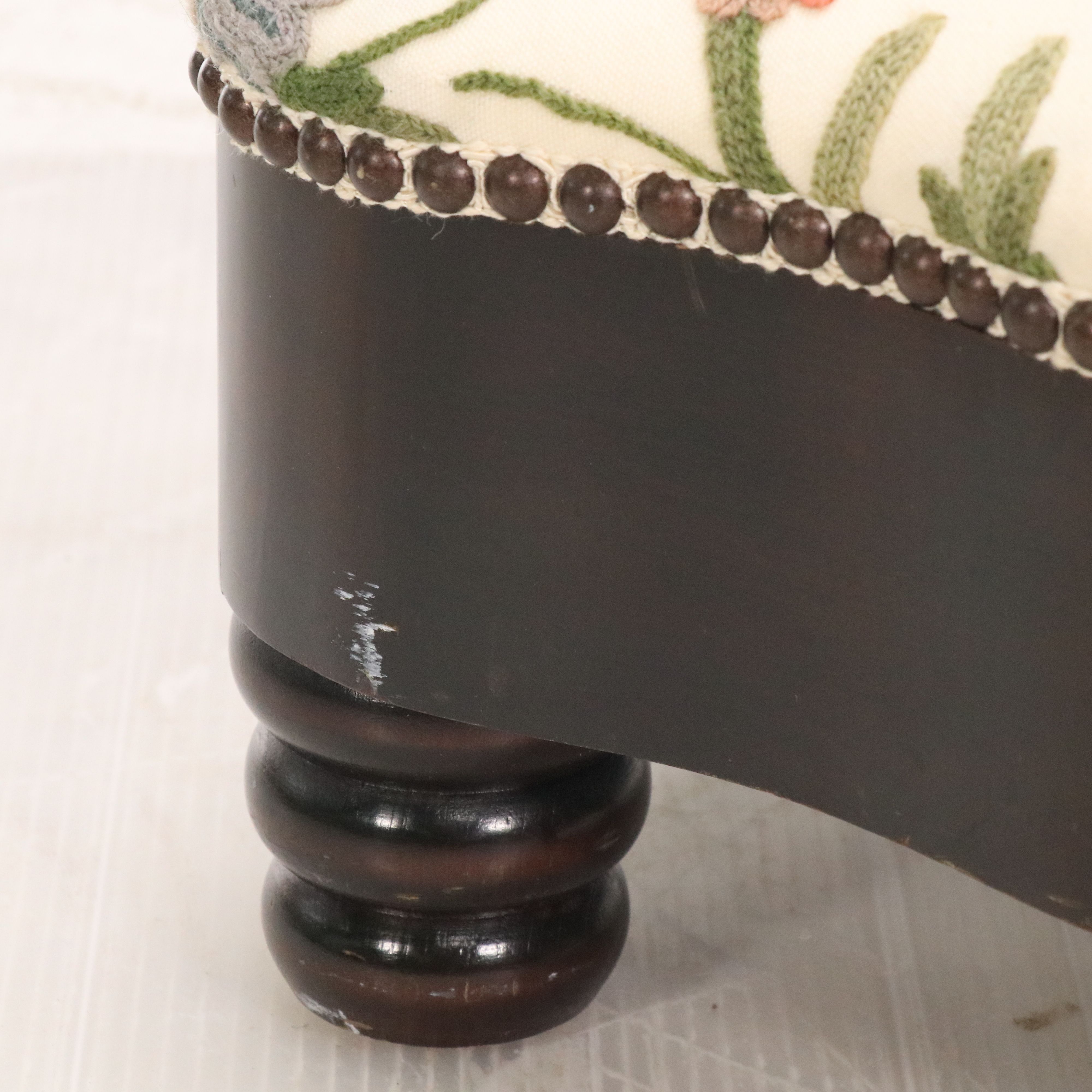 Baker Furniture Crewel Embroidered Wood Footstool, Late 20th Century