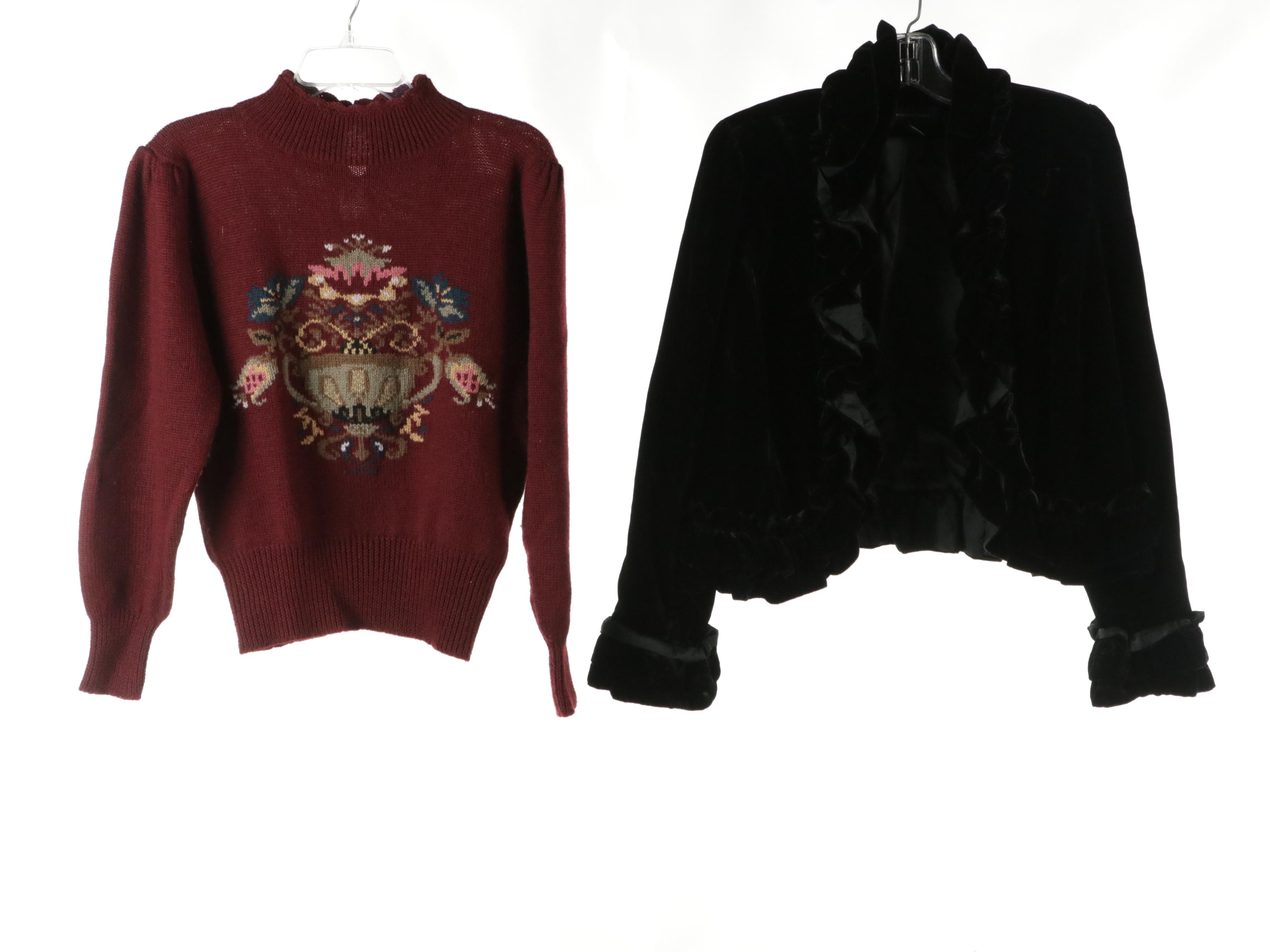 J. Peterman & Dementio Velvet Coats, INC Ruffle Jacket & Herman Geist Sweater