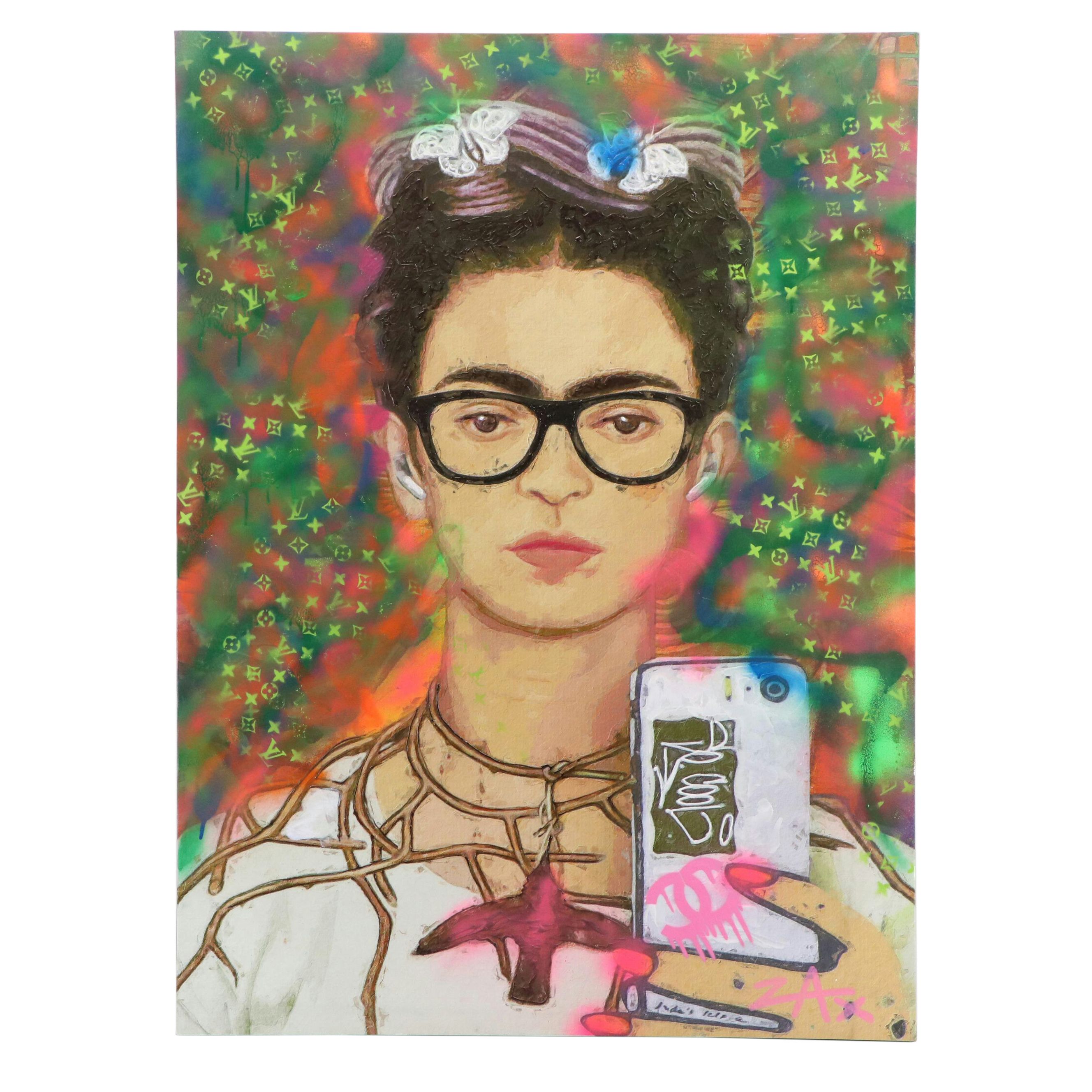 E.M. Zax Mixed Media Painting "Homage to Frida Kahlo," 2023