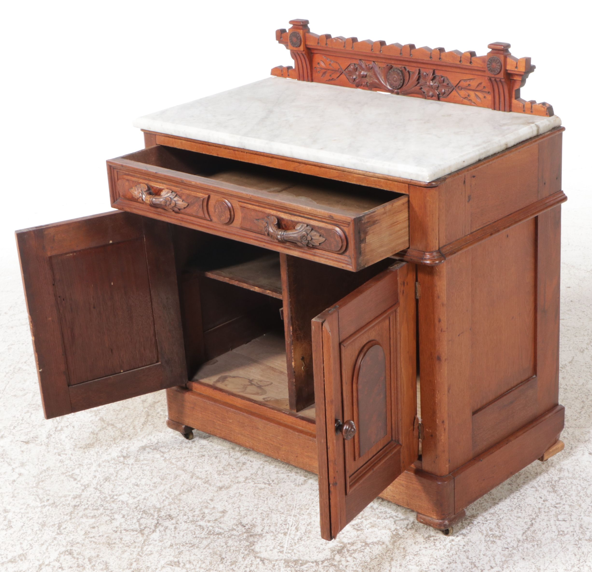 Victorian Eastlake Marble Top Burl Wood and Walnut Washstand