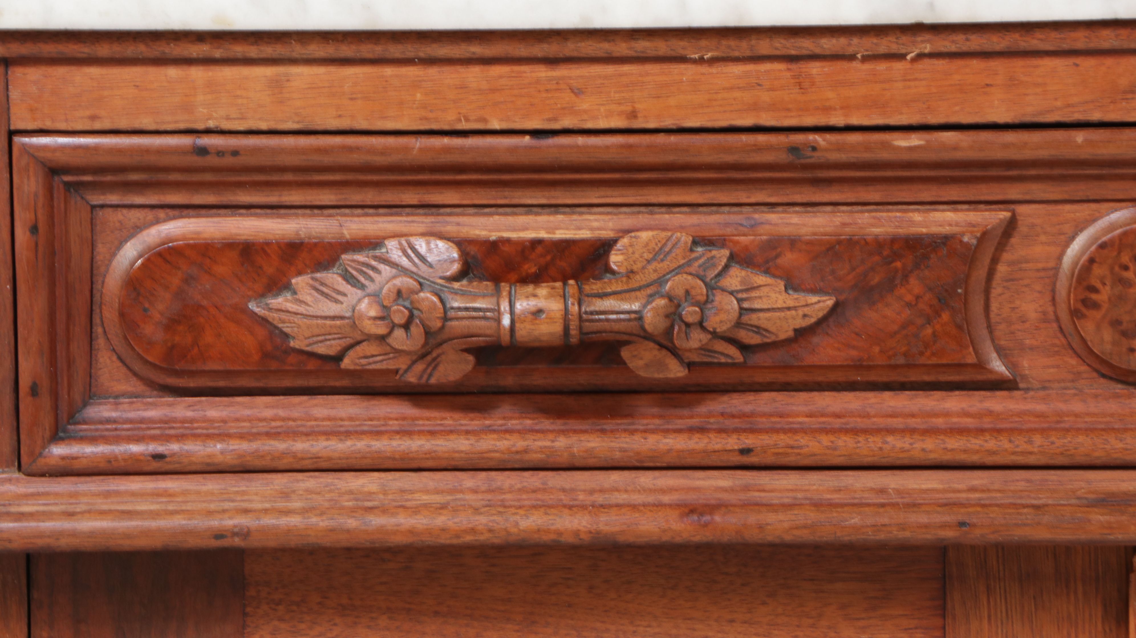 Victorian Eastlake Marble Top Burl Wood and Walnut Washstand