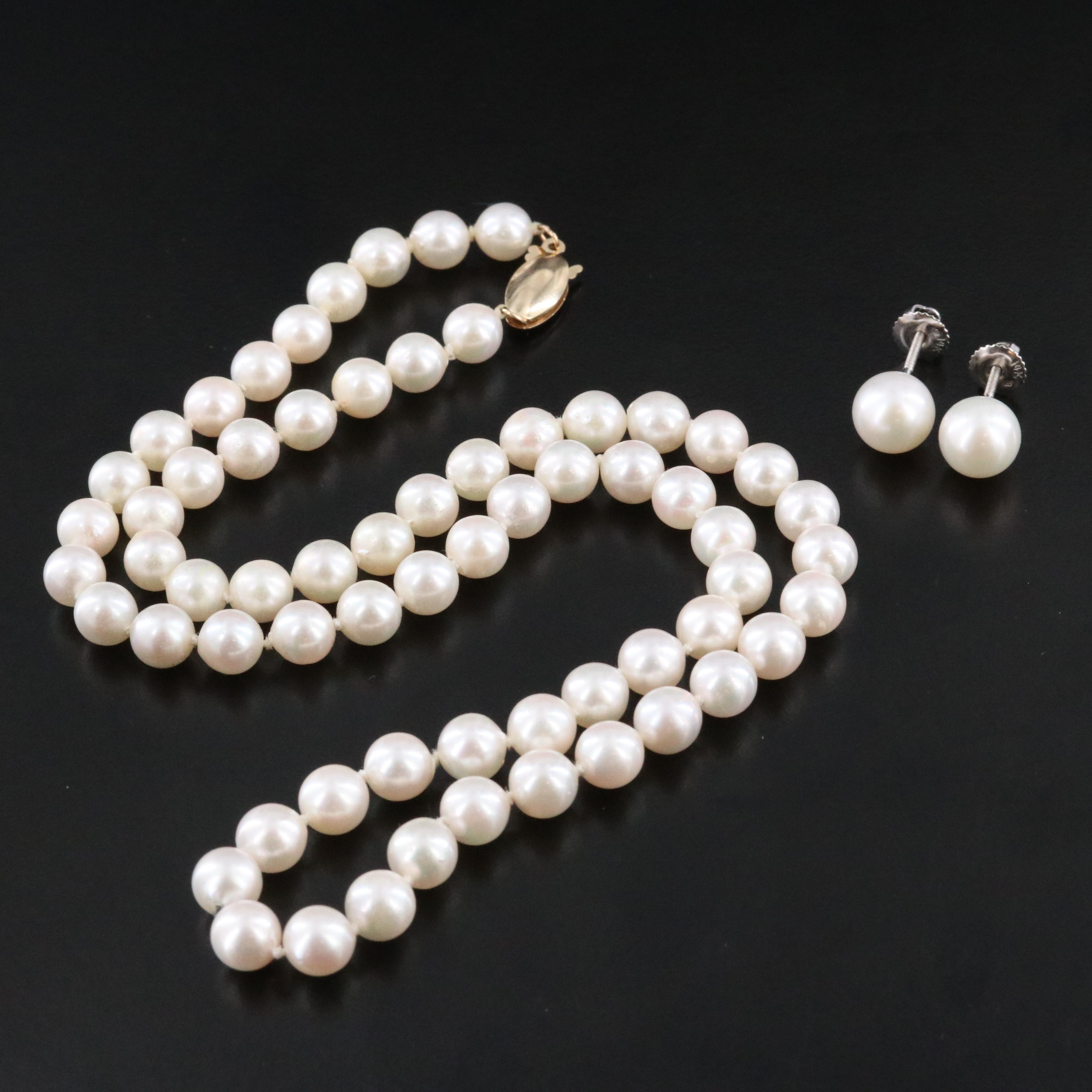 14K Pearl Necklace and Earrings