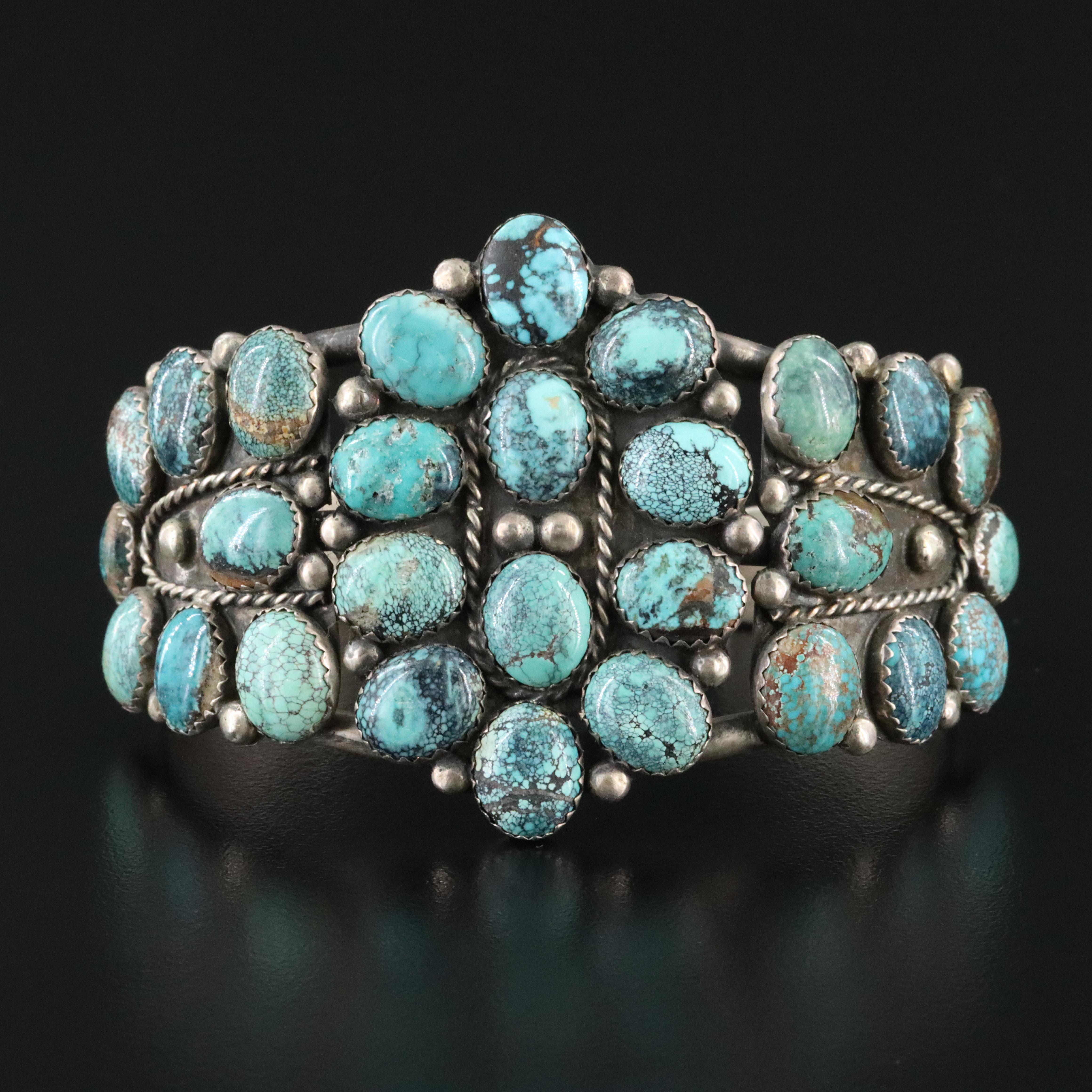 Southwestern T. Benally Sterling Turquoise Cluster Cuff Bracelet