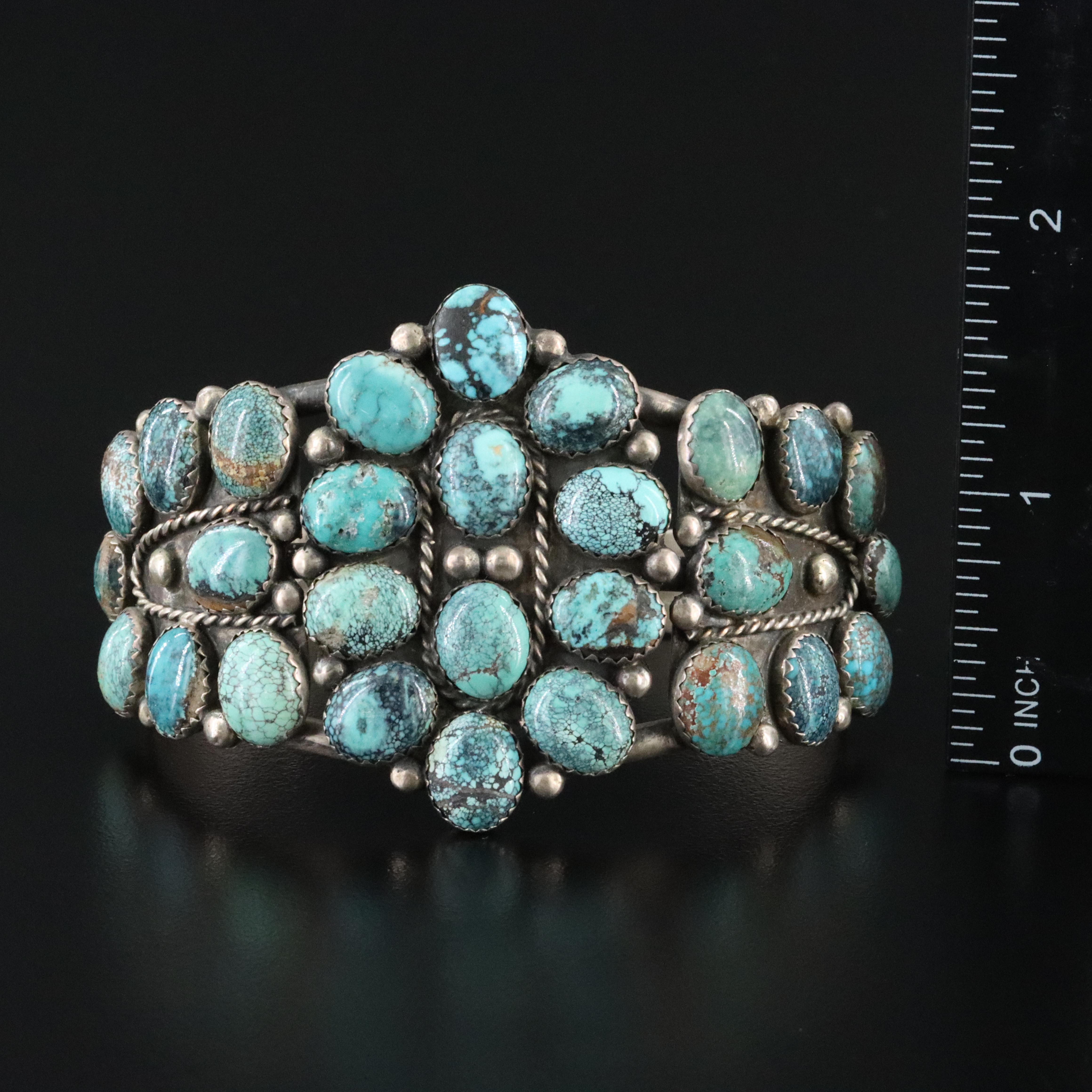 Southwestern T. Benally Sterling Turquoise Cluster Cuff Bracelet
