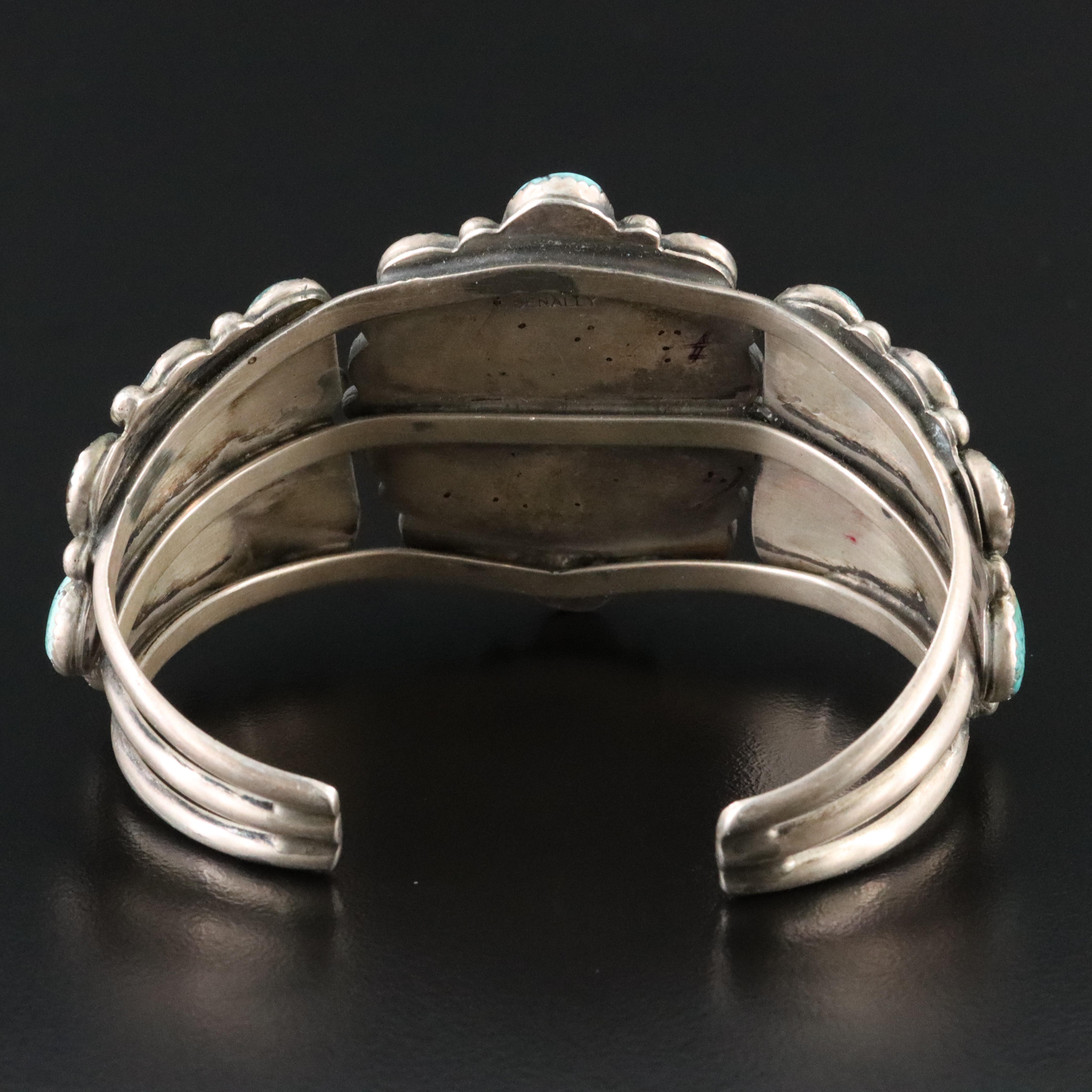 Southwestern T. Benally Sterling Turquoise Cluster Cuff Bracelet