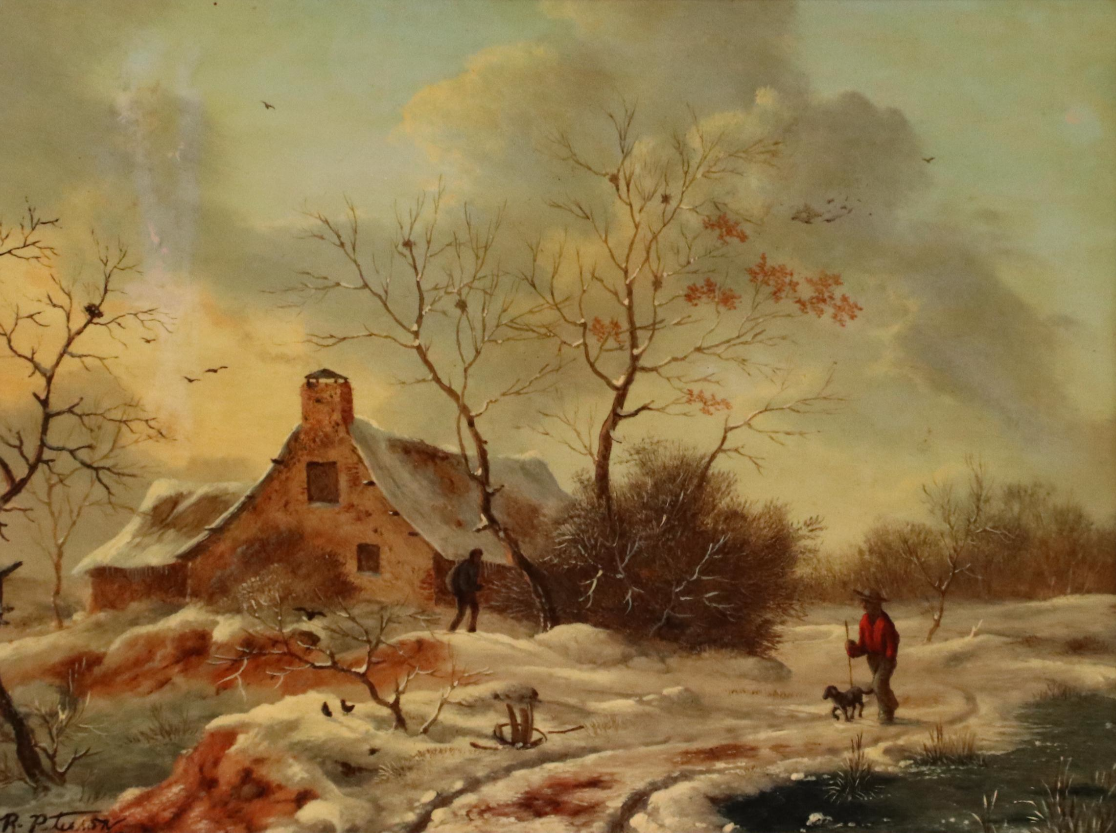 R. Peterson European School Oil Painting of Winter Scene