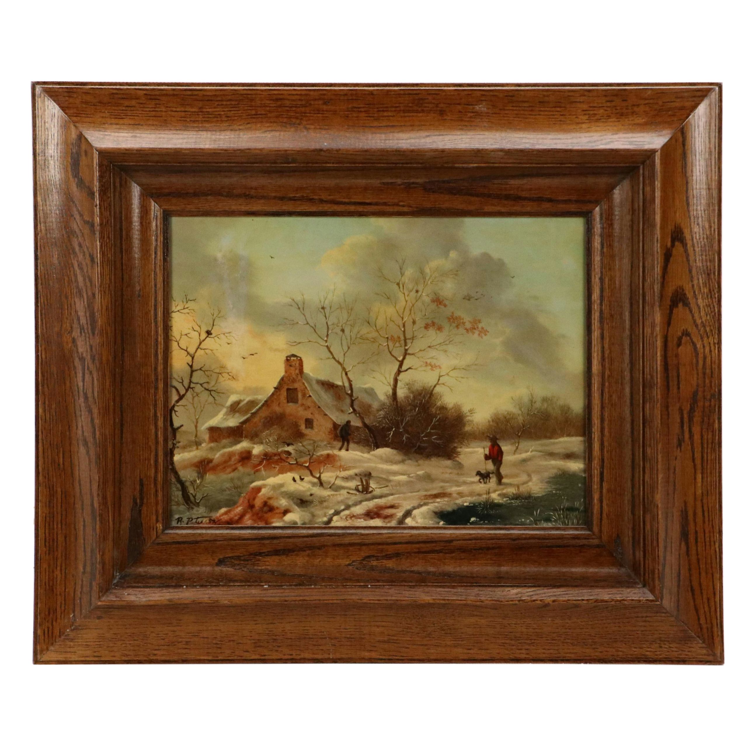 R. Peterson European School Oil Painting of Winter Scene