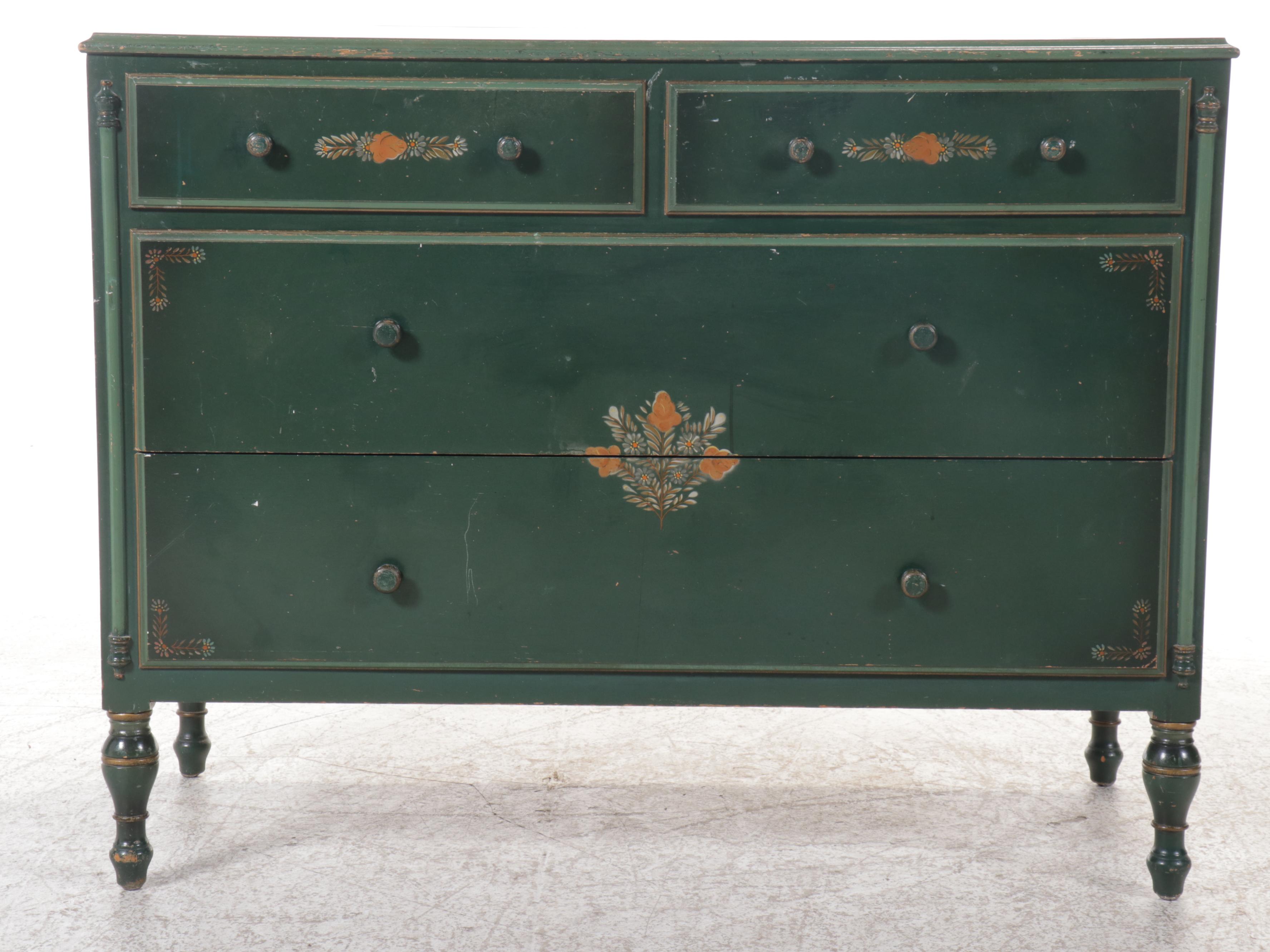 Stickley Bros. Co. Paint-Decorated Wood Dresser with Mirror, Mid-20th Century